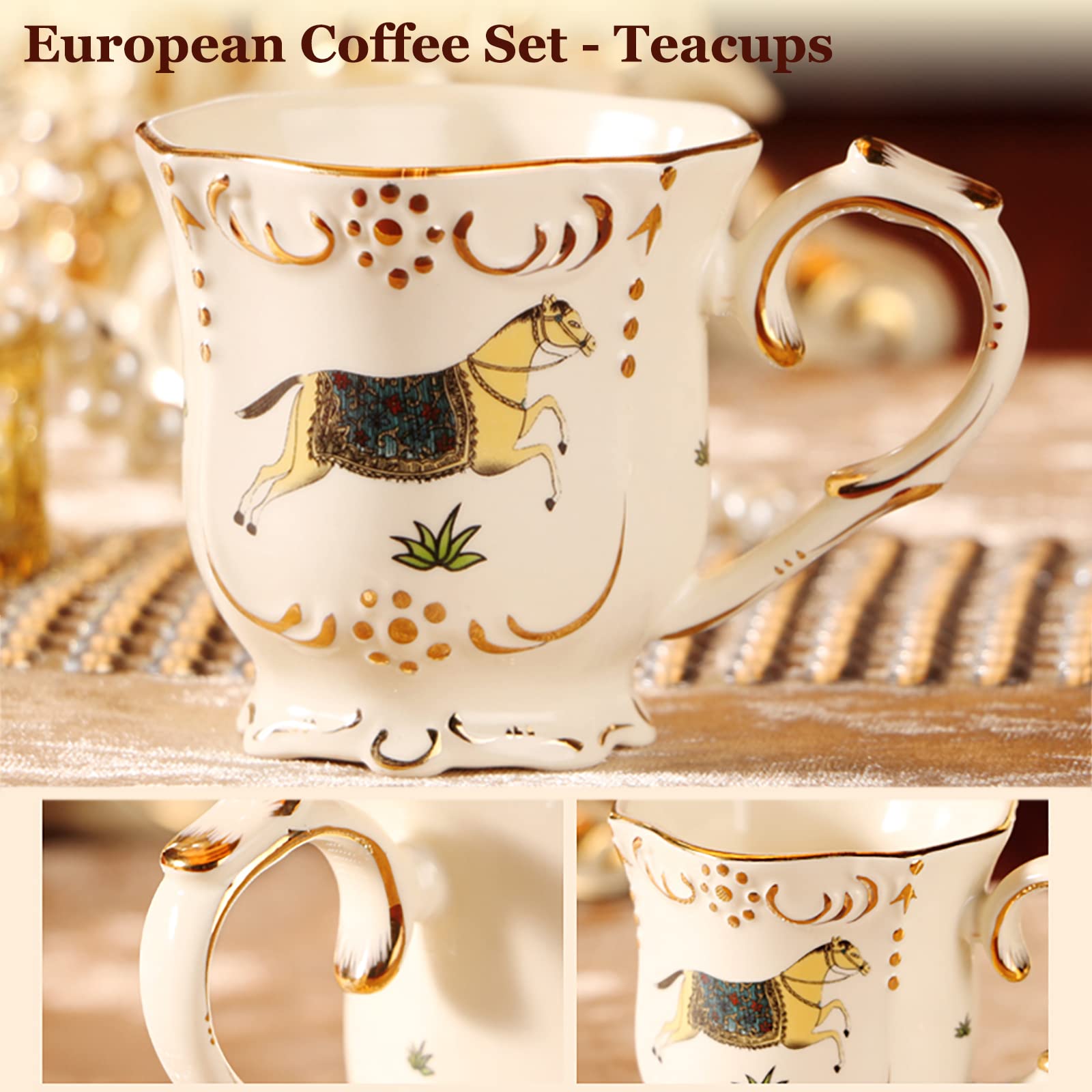 British Royal War Horse Tea Set - 8-Piece Porcelain Coffee & Tea Service with Teapot, Saucers, Sugar Bowl, Milk Jug & Teaspoons in Gift Box | Elegant Peony Design China Ceramic | Perfect for Afternoon Tea, Bridal Showers & Royal-Themed Parties