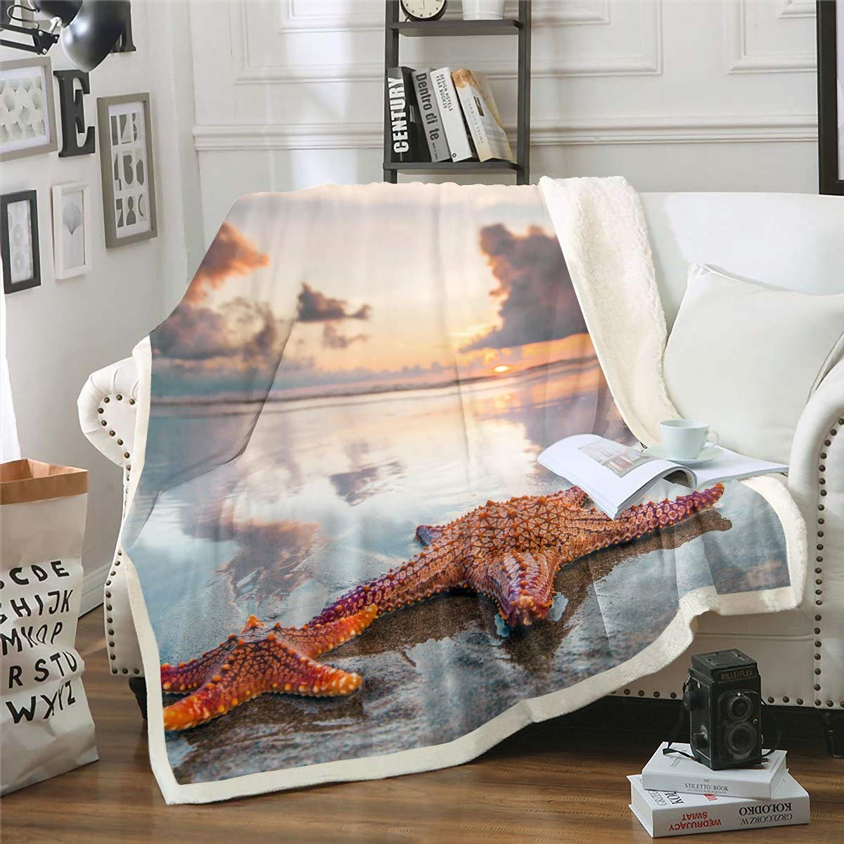 Soft Sherpa Fleece Blanket 50x60 Inches - Starfish Ocean Themed Throw for Sofa, Chair, Bed - Perfect for Cozy Nights, Beach Decor & Hawaiian Sea Life Gifts