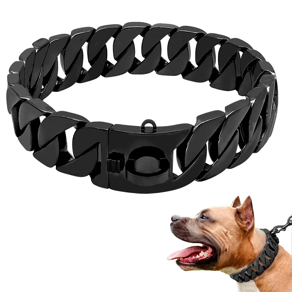 Luxury Gold Chain Dog Collar - Heavy-Duty 30MM Wide Choke Cuban Style Collar for Large Dogs - Strong Steel Metal Links for Big Breeds (Black, 45CM/17.5in) - Perfect for Training, Walking & Fashion Accessories