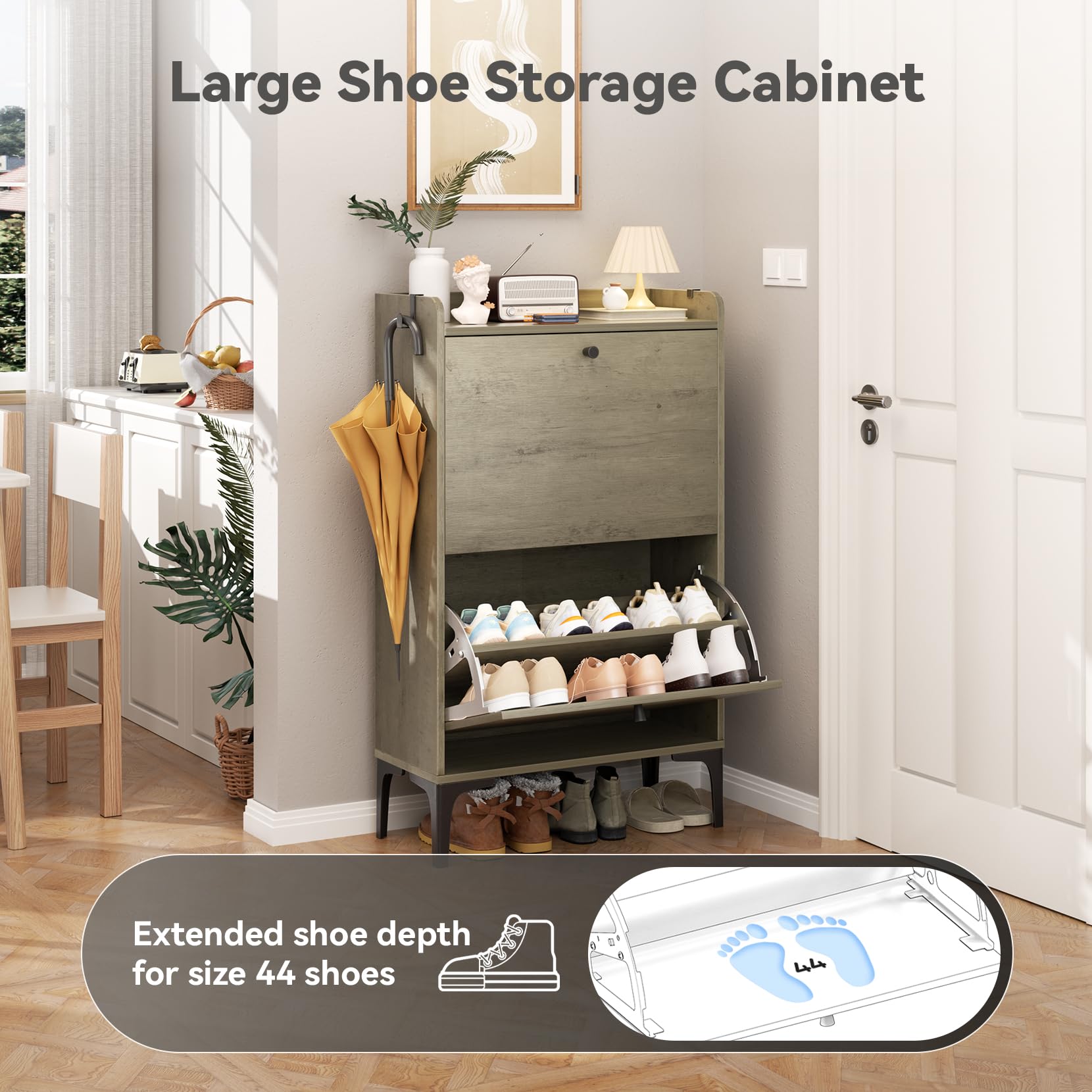 Dripex 2-Tier Flip Drawer Shoe Storage Cabinet - Modern Adjustable Narrow Shoe Rack with Metal Legs, Freestanding Entryway Organizer for Hallway, Living Room, Bedroom (23