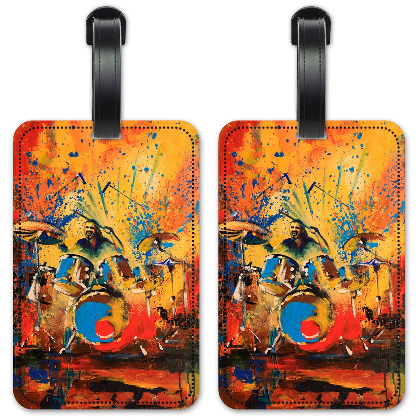 Drummer Painting Luggage ID Tags - Set of 2 Personalized Suitcase Identification Cards for Travel - Perfect for Airports, Cruise Ships & Business Trips