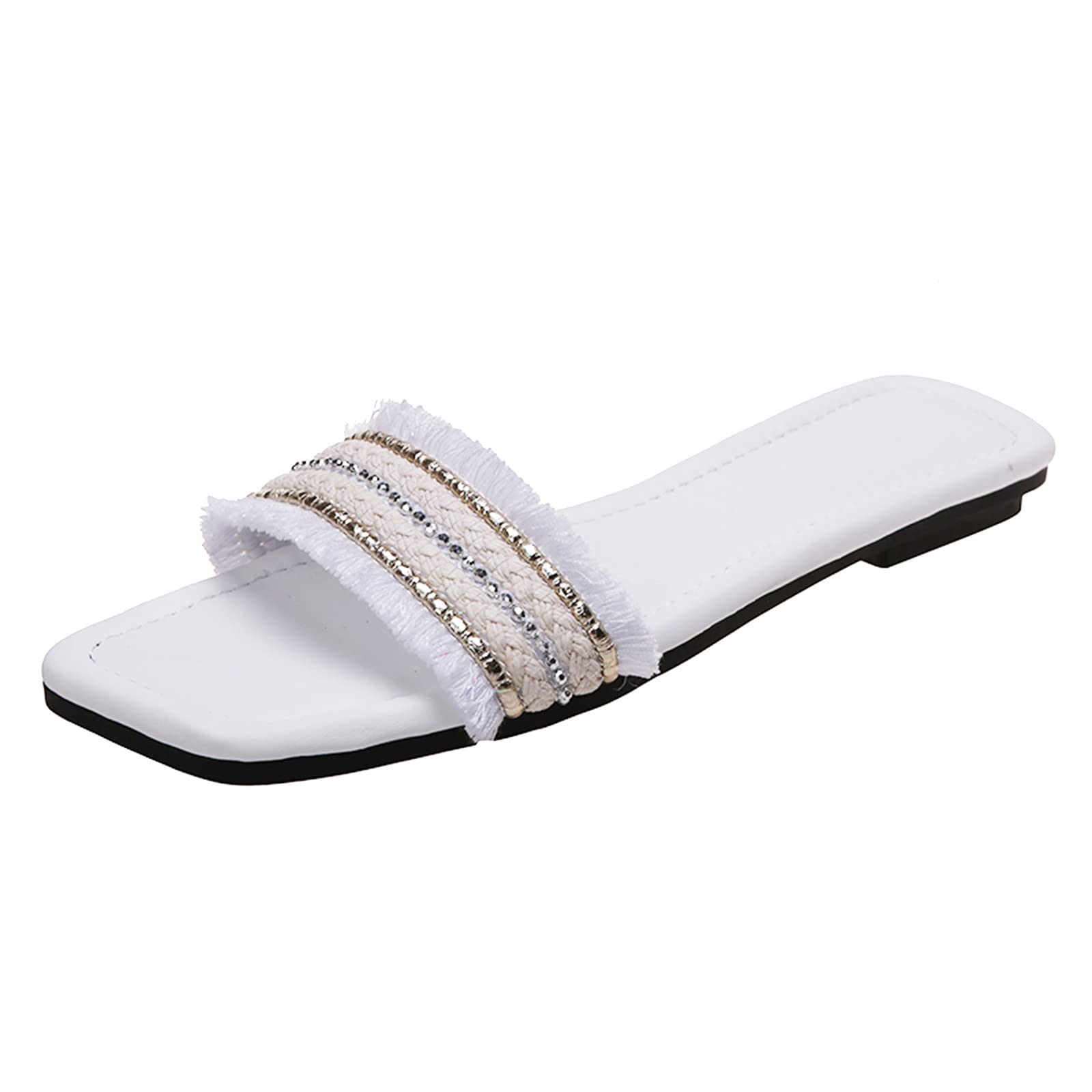 Women's Beaded Fringe Sandals - Flat Open Toe Bohemian Beach Slippers for Summer | Comfortable Square Toe Fashion Slides for Casual Wear, Vacation, and Outdoor Activities