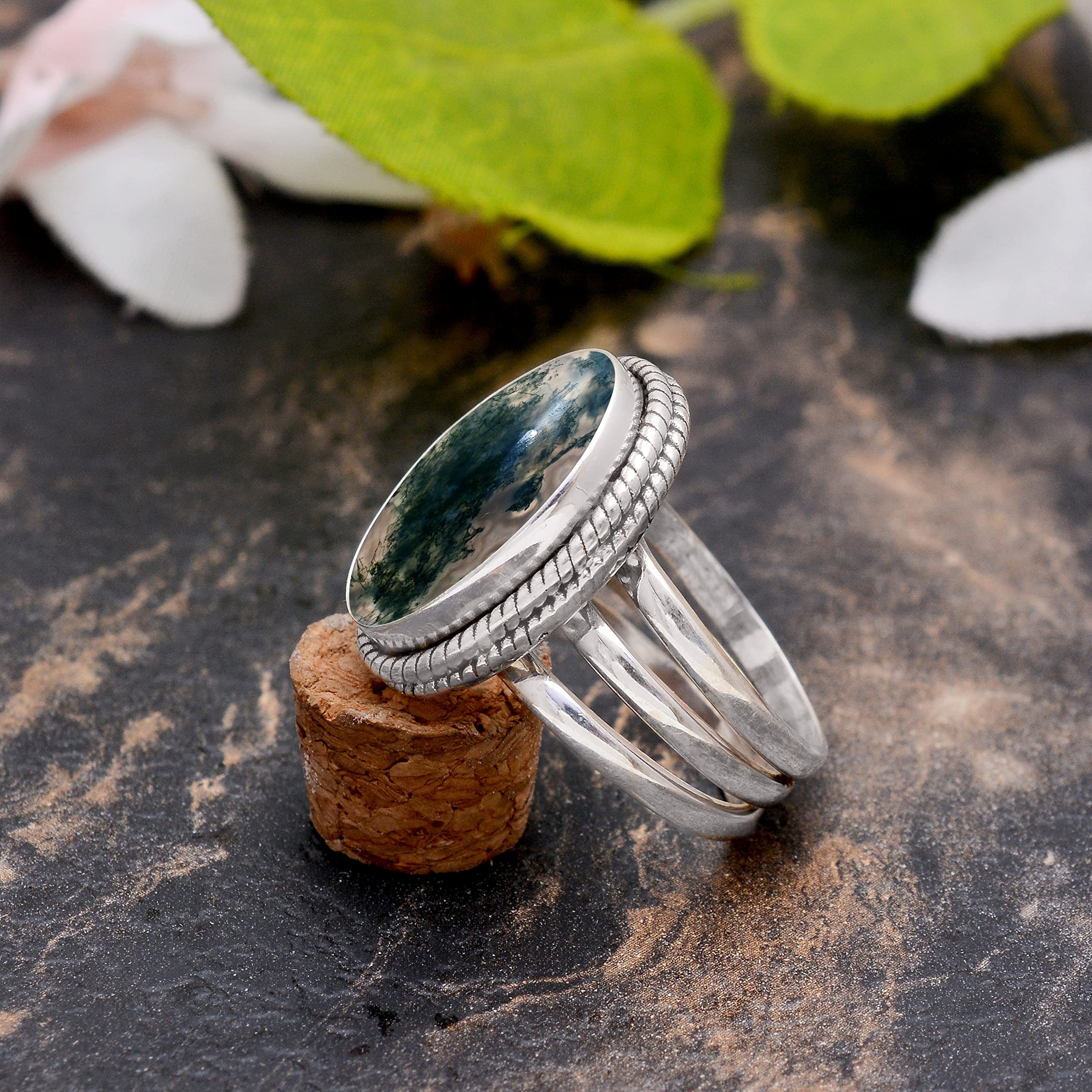 Veracity Jewelry Moss Agate Rings for Women - 925 Sterling Silver Healing Meditation Rings with Natural Green Gray Moss Agate Gemstone - Elegant Spiritual Jewelry for Yoga, Meditation & Everyday Wear - VSR-116
