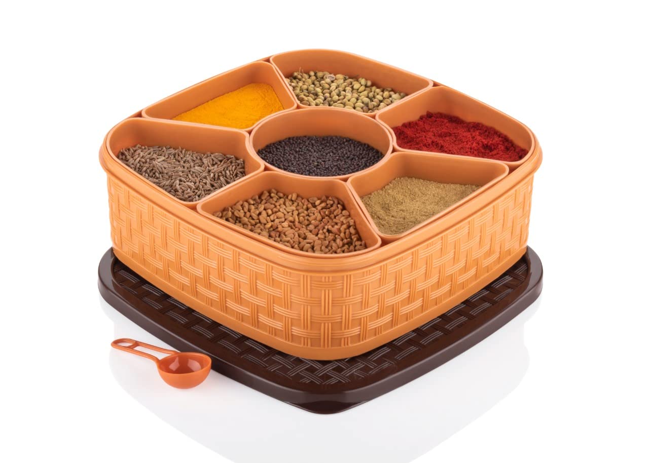 7-in-1 Plastic Square Masala Spice Box Set - Multipurpose Dry Fruit Storage Container - Brown Kitchen Organizer for Indian Cooking, Spice Storage & Pantry Organization