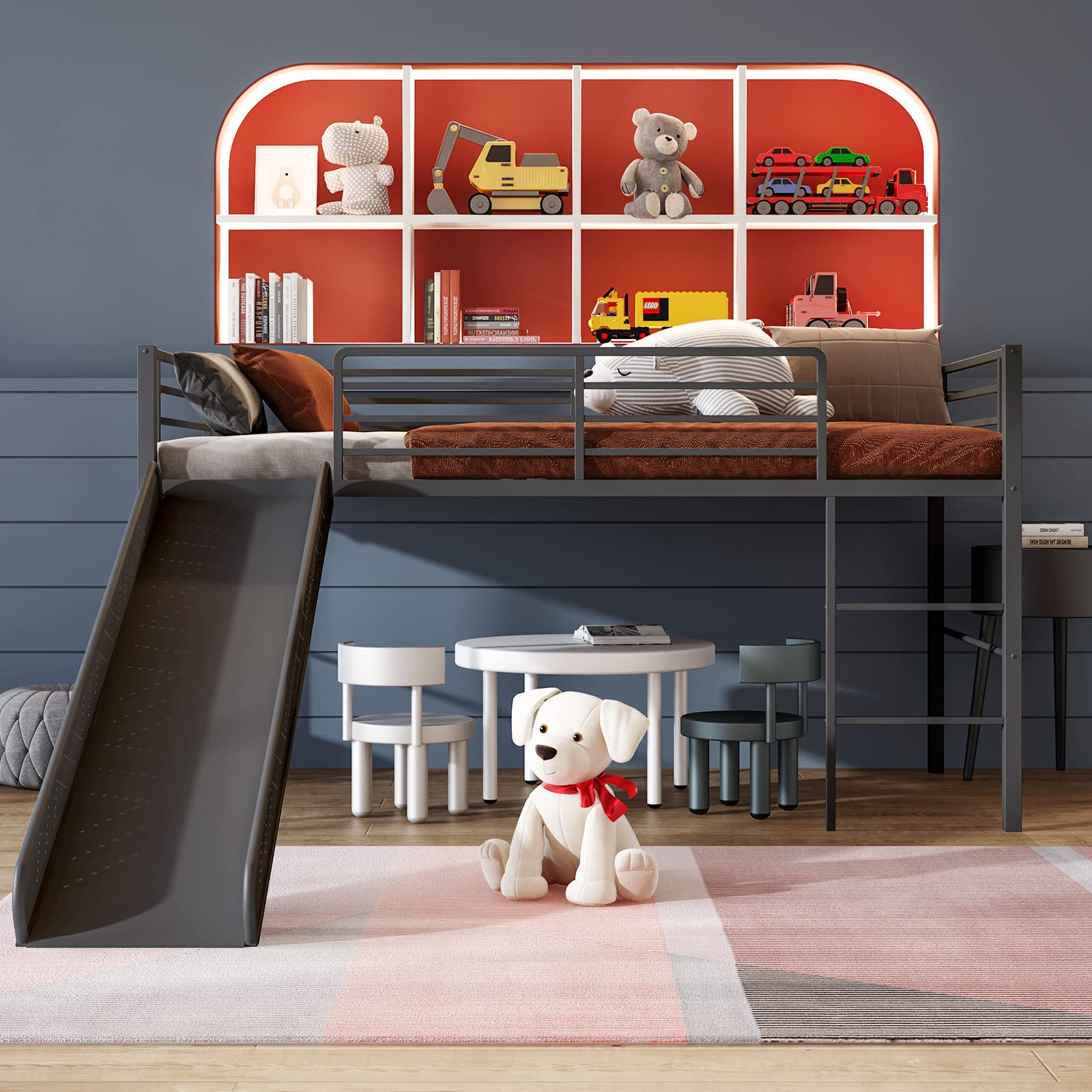 Giantex Twin Loft Bed with Slide - Sturdy Metal Low Bunk Bed for Kids with Safety Guardrails & Built-in Ladder - Toddler Bed Floor Frame for Boys & Girls - No Box Spring Needed - Perfect for Small Bedrooms & Shared Kids' Rooms (Black)