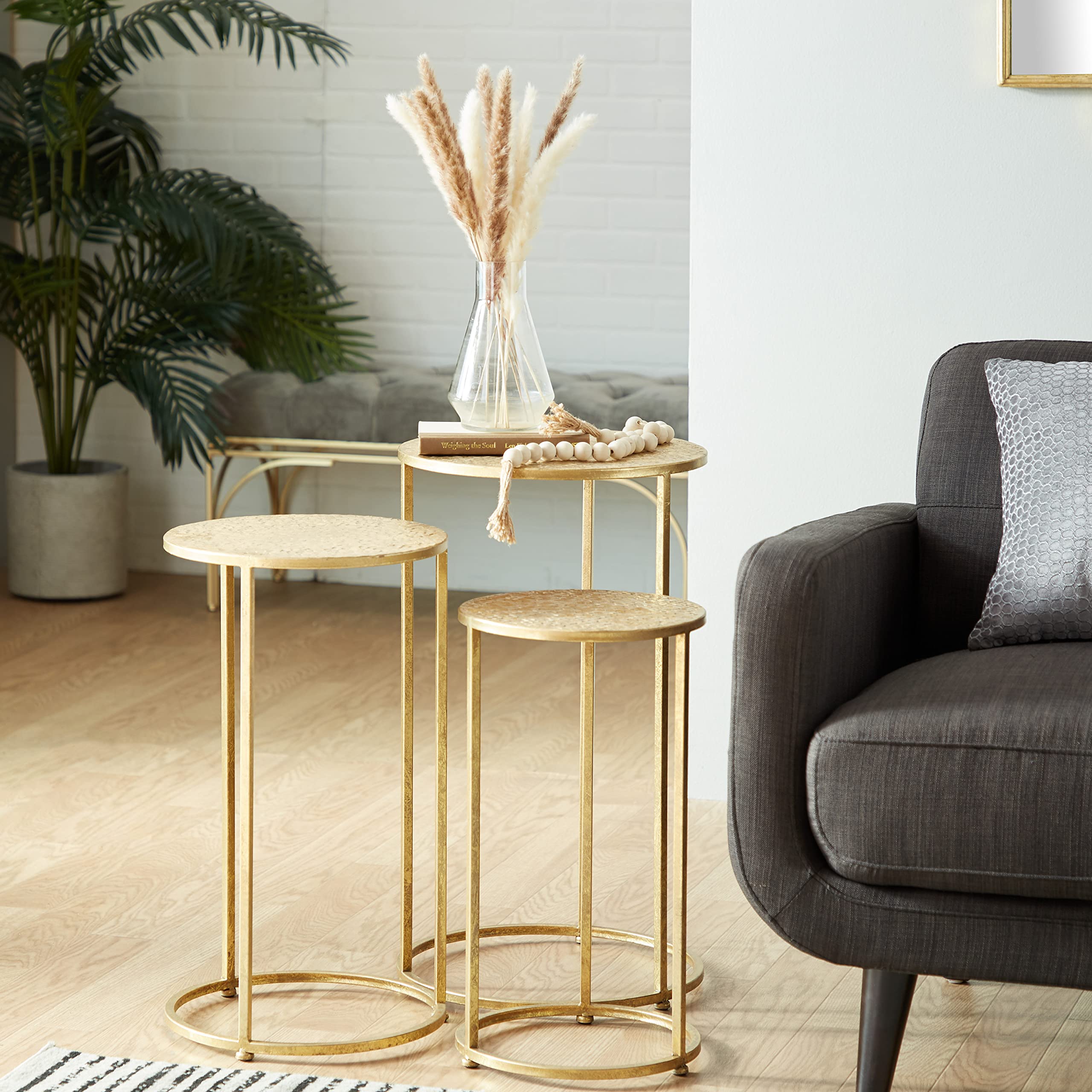 Deco 79 Gold Metal Side End Accent Tables Set of 3 - Textured Tops Nesting End Tables (28