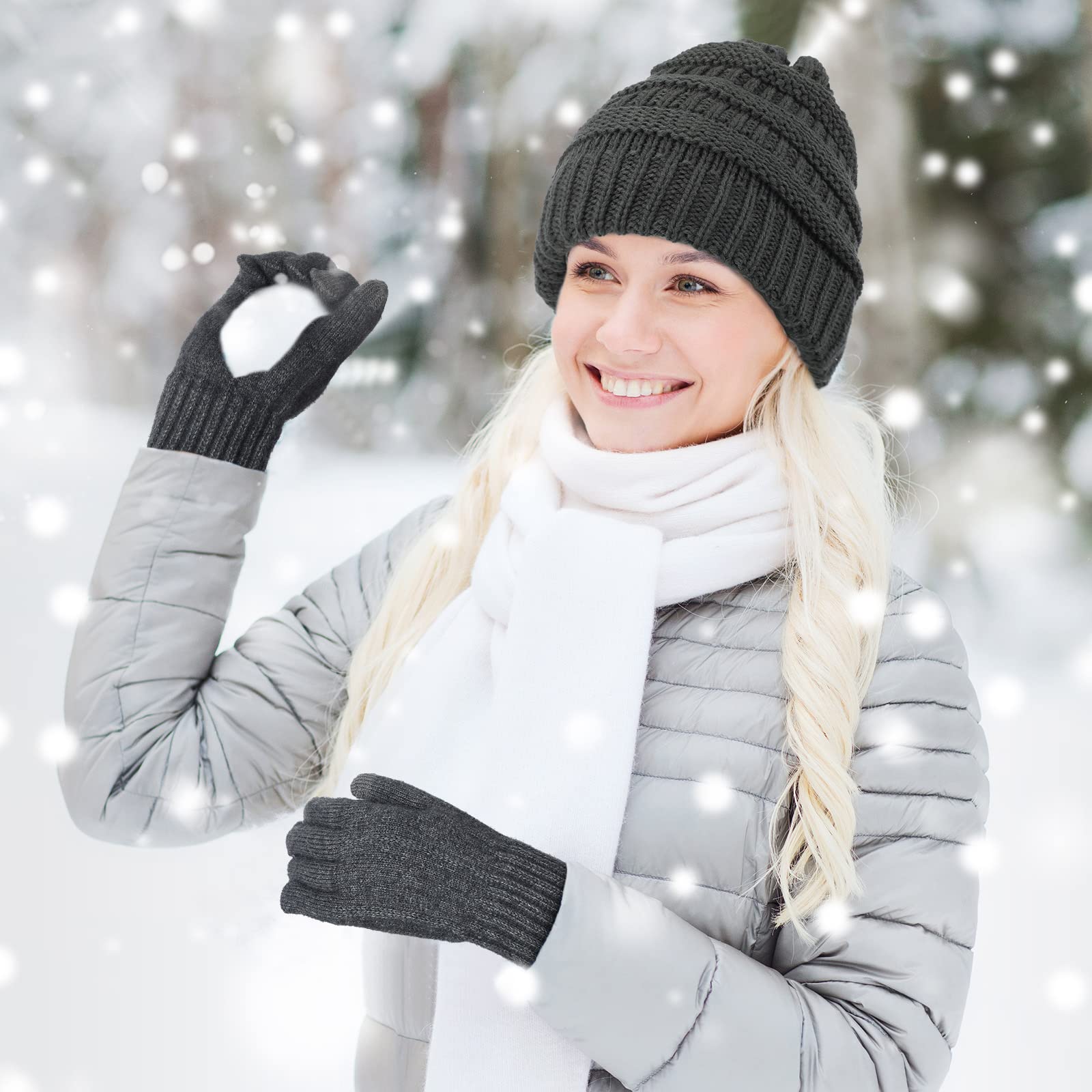 Winter Knit Beanie Hat & Touchscreen Gloves Set - Soft Slouchy Skull Cap & Gloves for Men & Women - Perfect for Cycling, Biking, Skiing & Outdoor Winter Activities (2-Pack)