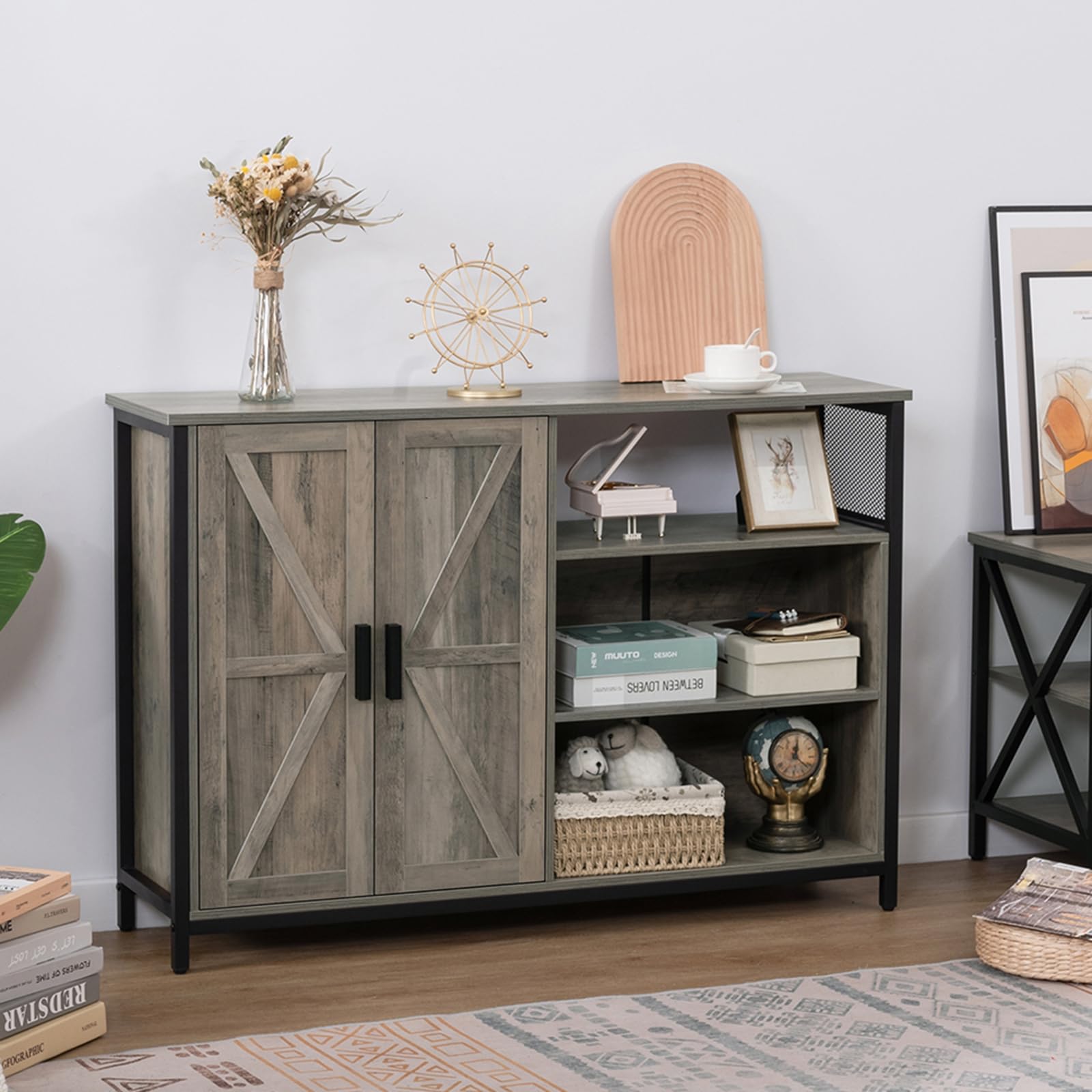 WEENFON Rustic Oak Storage Cabinet with 2 Barn Doors - Adjustable Shelves Industrial Sideboard for Dining Room, Living Room & Kitchen - Perfect for Home Organization, Farmhouse Decor & Extra Storage Space