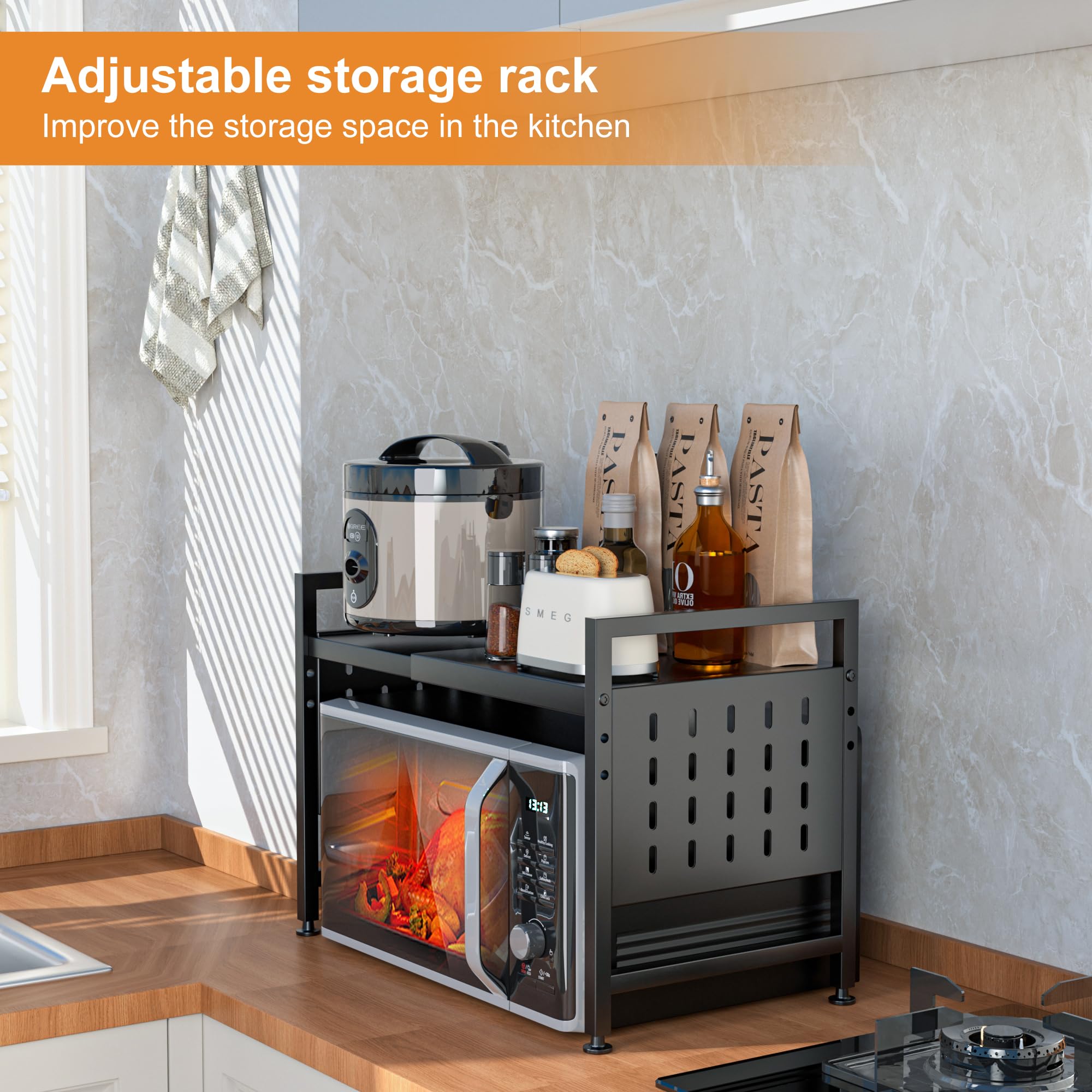 Expandable 2-Tier Microwave Oven Rack - Heavy Duty Metal Kitchen Countertop Organizer Shelf with 88lbs Capacity - Perfect for Baking, Cooking & Small Appliance Storage in Compact Spaces