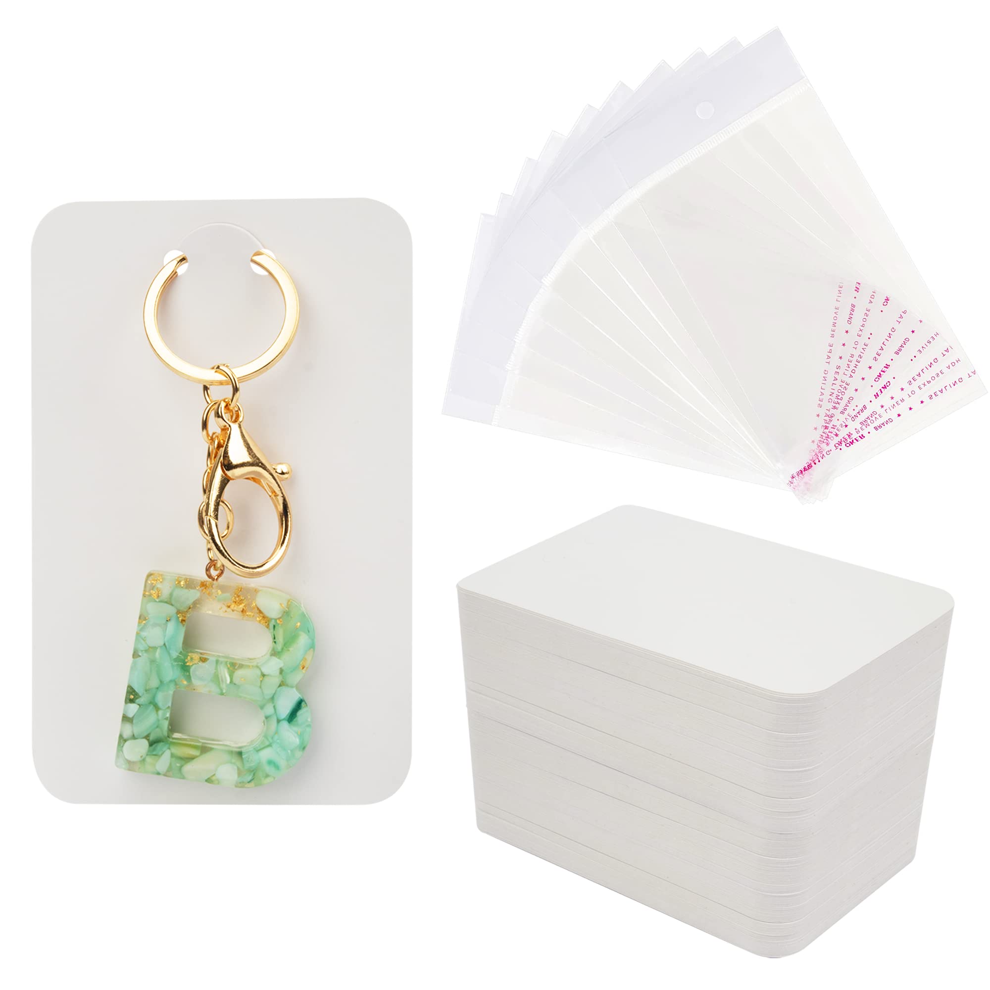 100 Pcs Keychain Display Cards with Self-Sealing Bags - 3'' x 4.7'' Keychain Card Holders for Jewelry, Keyrings & Gift Packaging - Durable White Key Card Display Supplies for Retail Stores, Trade Shows & Boutique Merchandising