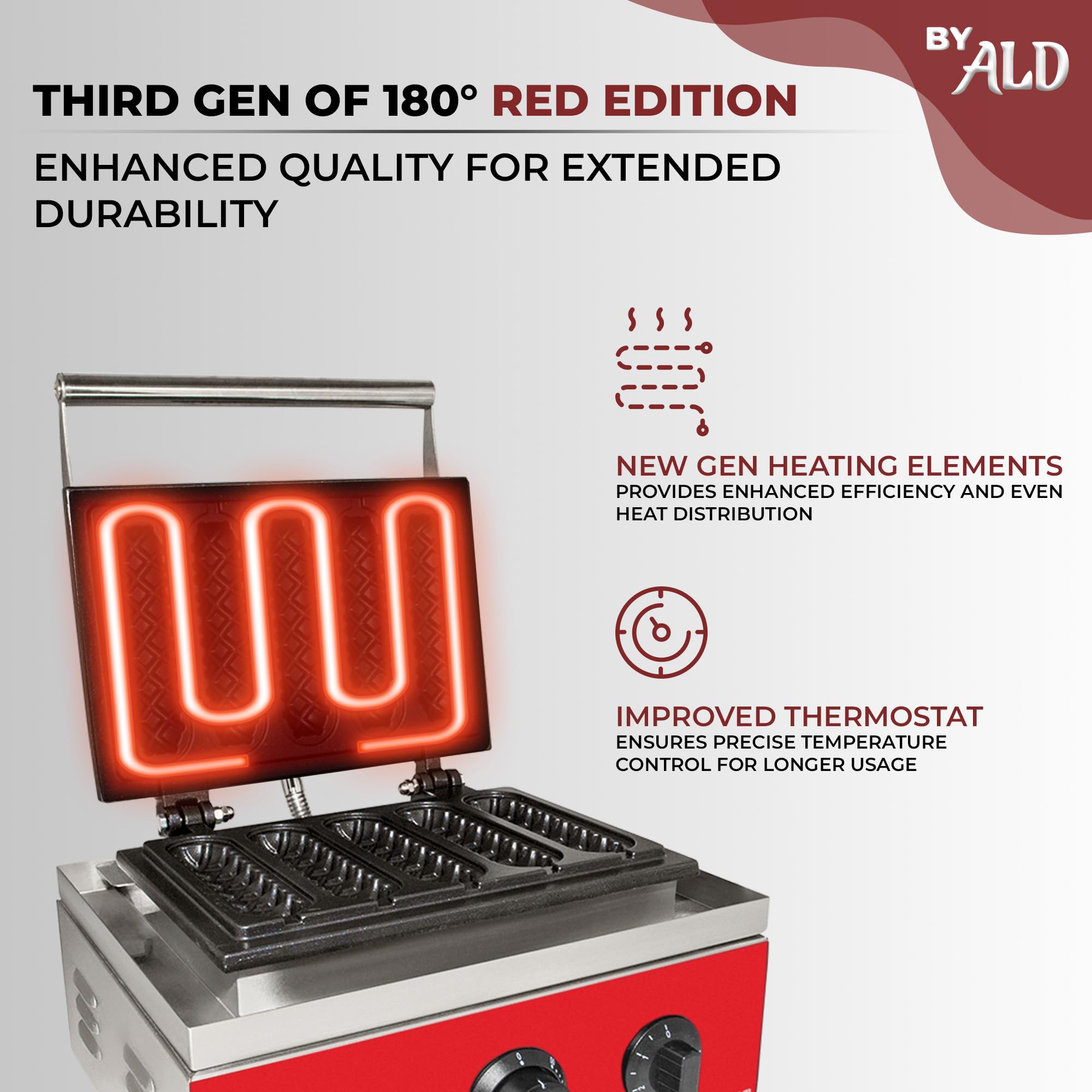 ALDKitchen Commercial Waffle Dog Maker - Stainless Steel Corn Dog Machine with Red Panel - 110V for 5 Waffles on a Stick - Perfect for Food Trucks, Fairs & Home Breakfast