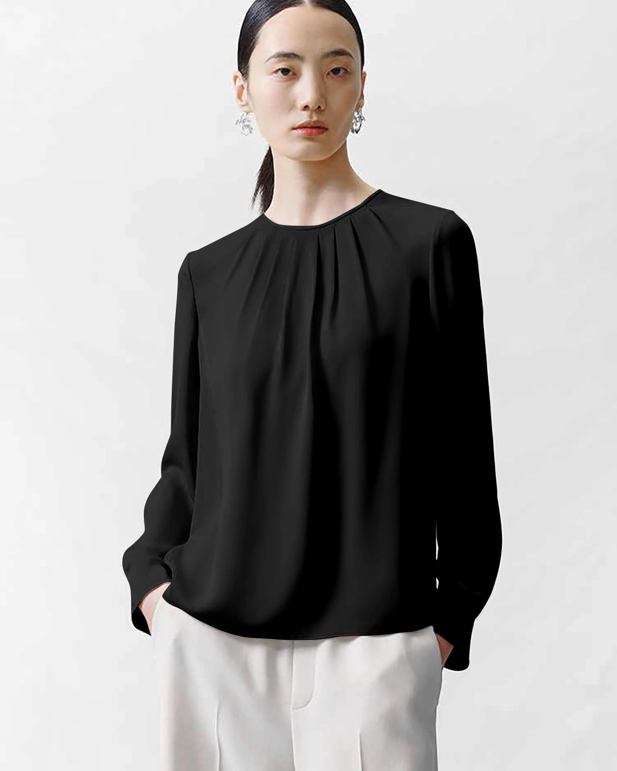 Elegant Crew Neck Pleated Silk Blouse for Women - Soft & Breathable Silk Top for Office, Party & Special Occasions