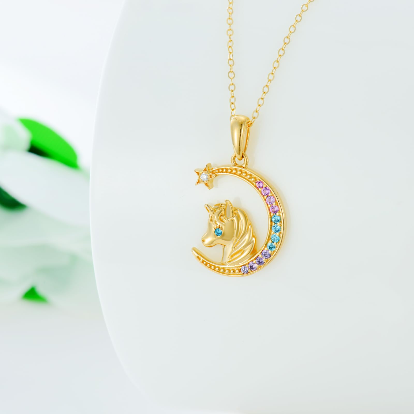 14K Gold Unicorn Necklace for Women - Dainty Moon & Star Pendant, Yellow Gold Jewelry Gift for Wife, Girlfriend, Daughter | Birthday, Anniversary, Valentine's Day Present