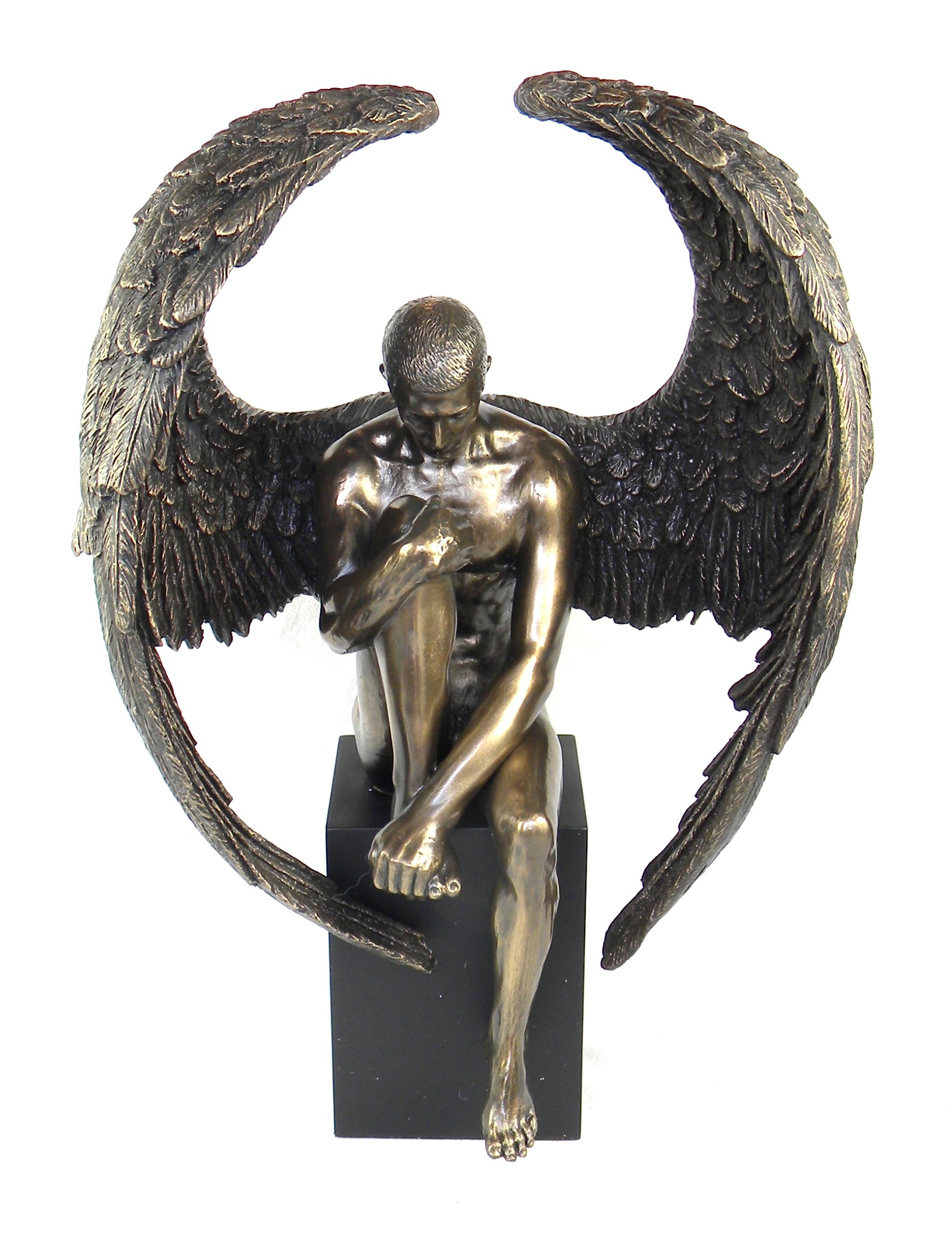 Veronese Design Bronze Pensive Male Angel Statue on Black Base - Elegant Home Decor for Living Room, Office & Garden