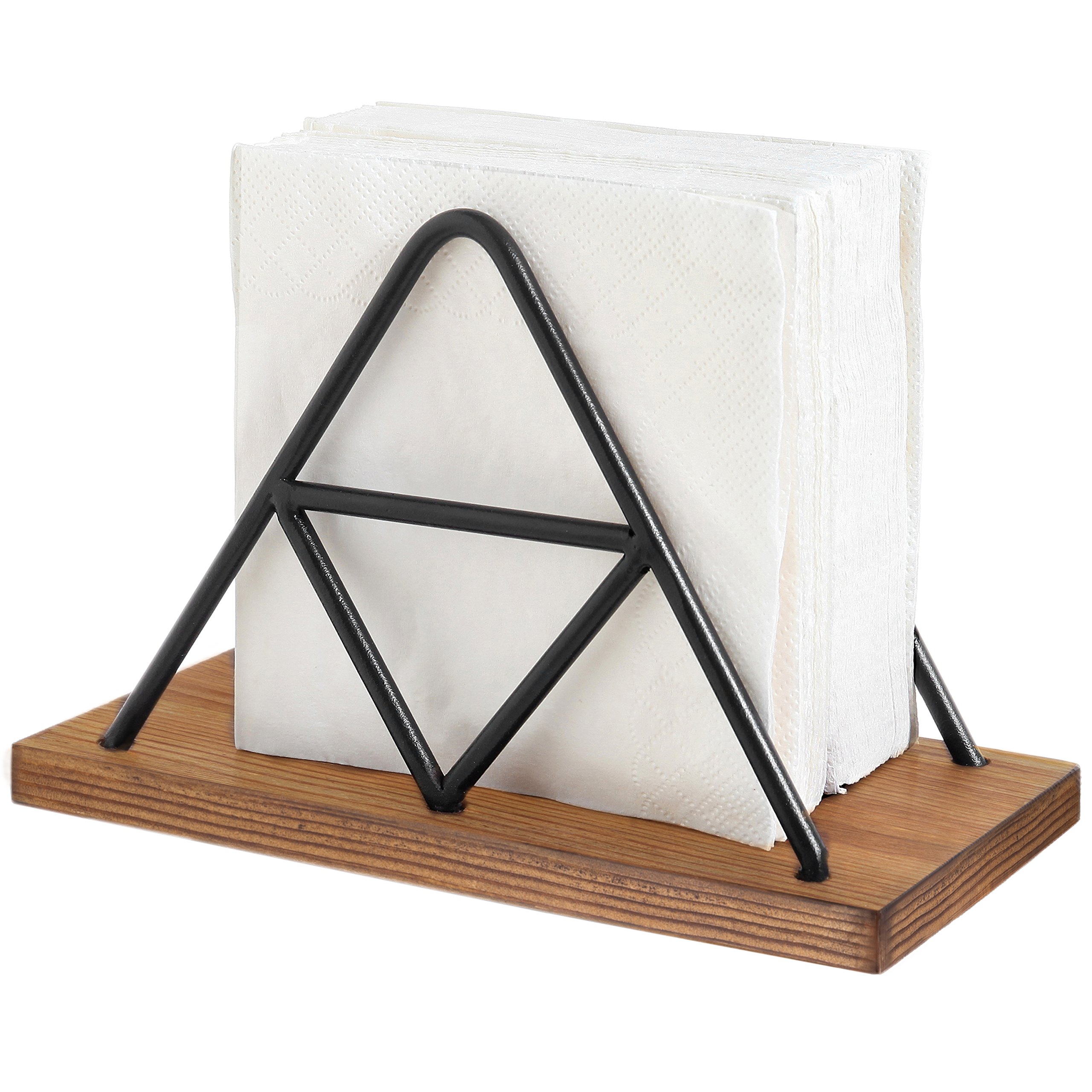 MyGift Black Farmhouse Napkin Holder - Triangle Metal Wire Design with Burnt Wood Base - Holds 100 Square Paper Napkins - Perfect for Rustic Dining, Kitchen, and Farmhouse Table Decor