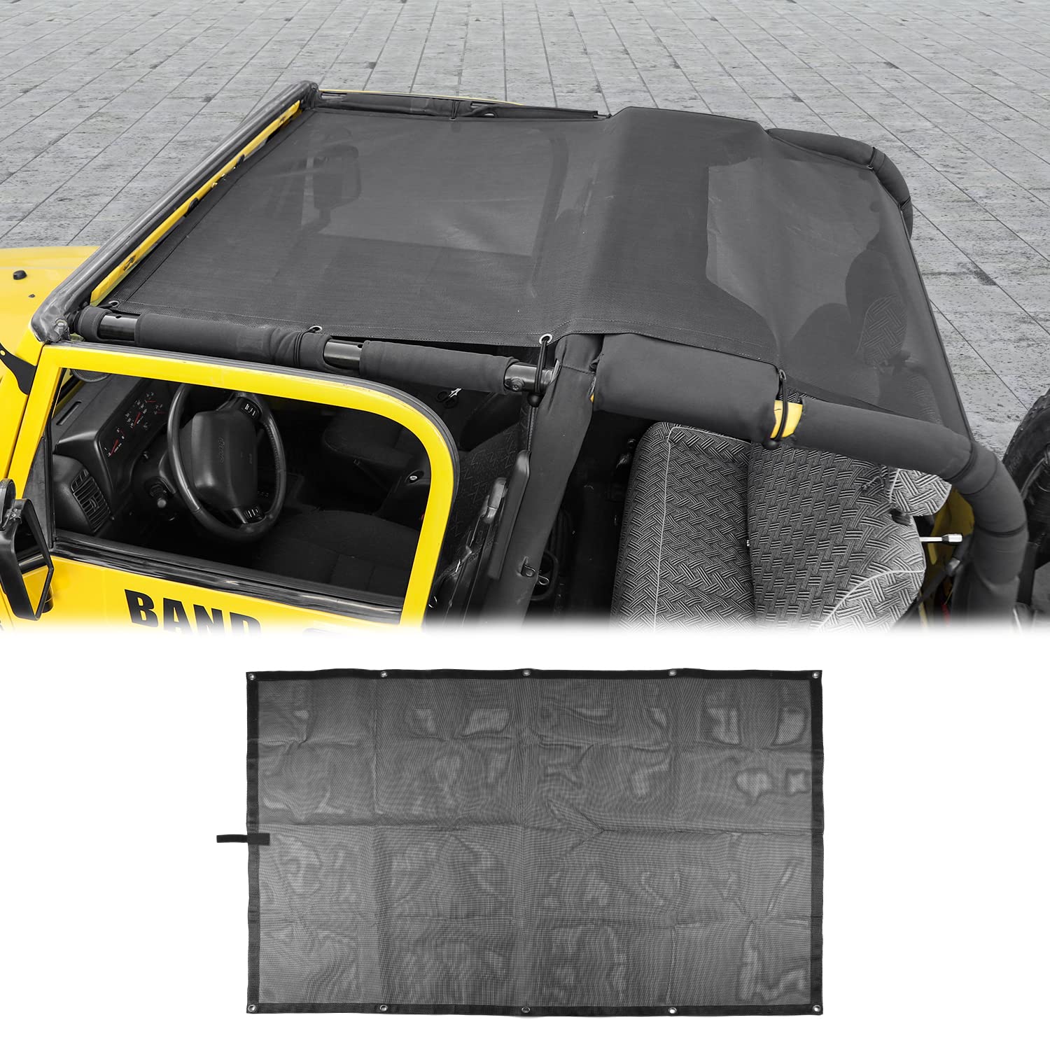 Jeep TJ Sunshade Mesh Top for 1996-2006 Wrangler TJ - UV Protection, Wind & Noise Reduction - Easy No-Tool Installation - Black 4-Door Bikini Sun Shade - Perfect Jeep Accessories Gift for Off-Road & Summer Driving