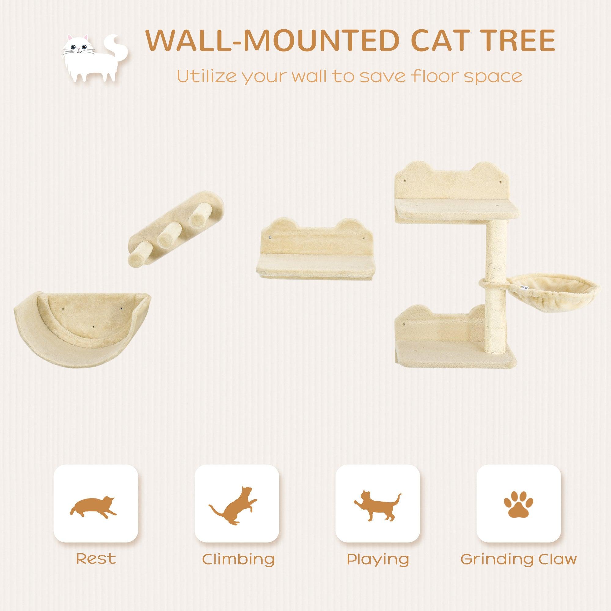 4-Piece Cat Wall Shelves Set with Hammock, Steps, Perches & Scratching Post - Multi-Level Climbing Furniture for Cats to Sleep, Play & Lounge - Beige Home Decor for Pet Lovers