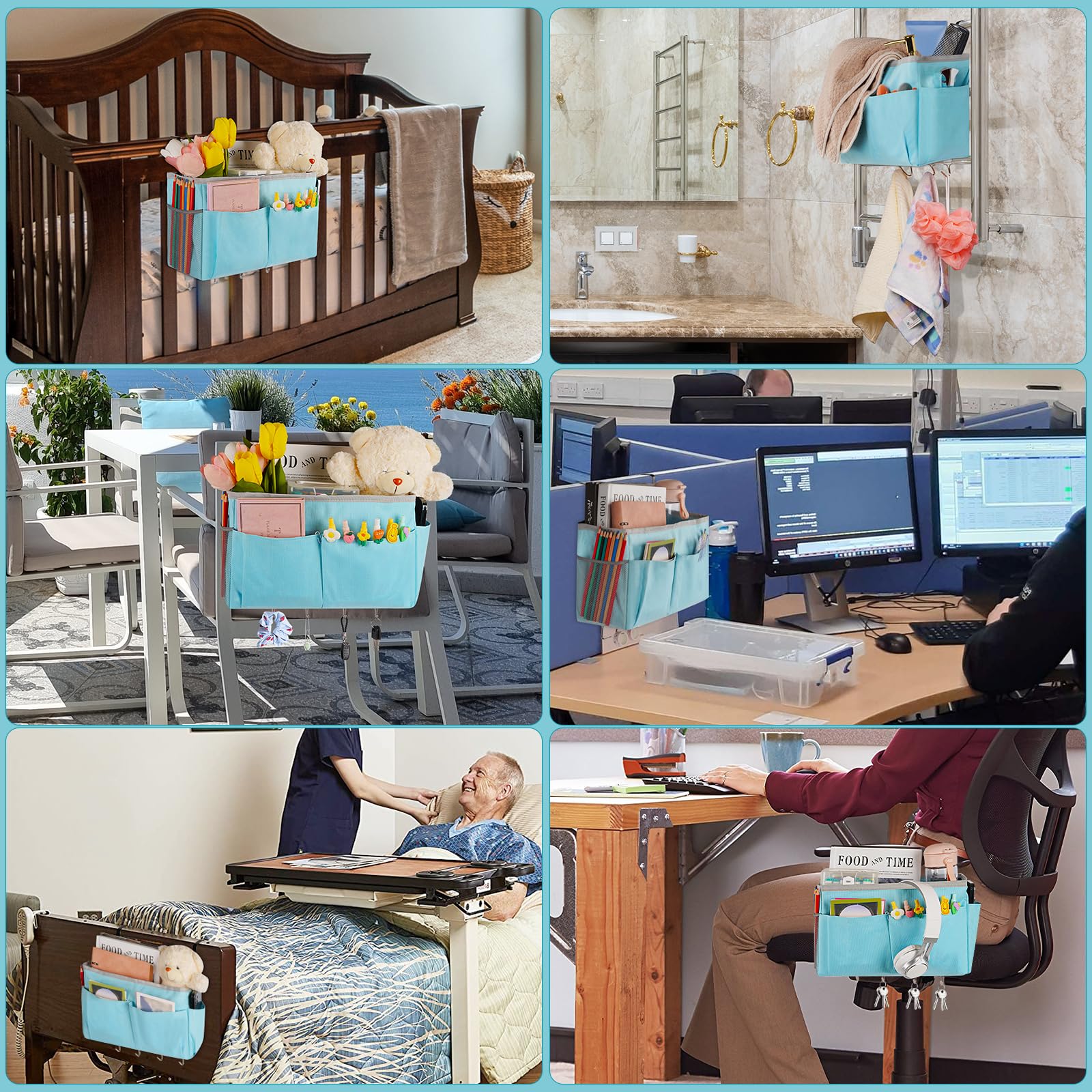 5-Pocket Bedside Storage Organizer with 4 Hooks - Hanging Organizer Bag for Headboard & Bunk Bed - Blue - Perfect for Bedroom Organization, Small Item Storage & Space Saving