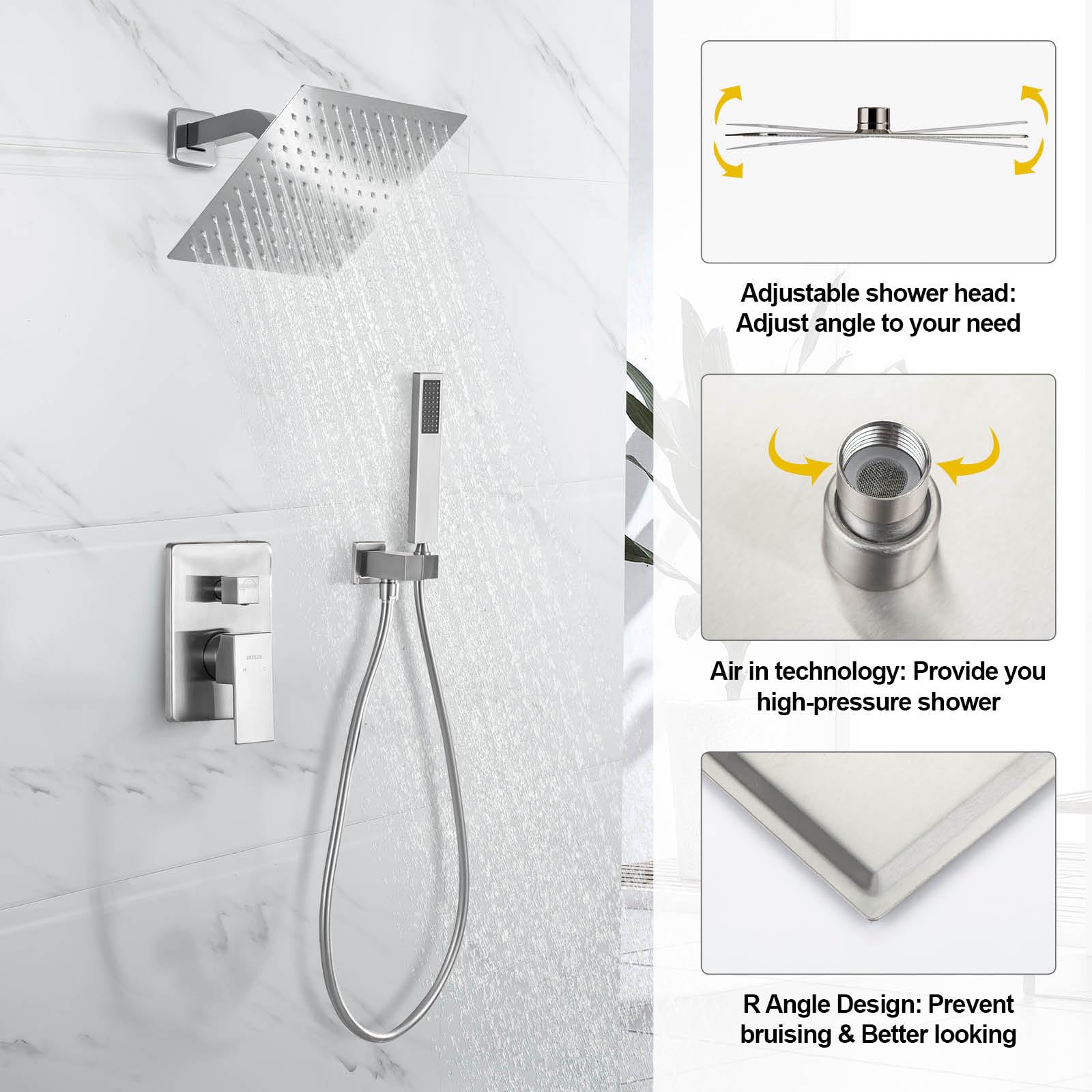 Luxury 10 Inch Rain Shower System with Handheld Shower Head - Wall Mounted Bathroom Faucet Set with Rough-in Valve & Trim Kit in Brushed Nickel - Perfect for Spa-Like Shower Experience in Master Bathrooms & Modern Home Renovations