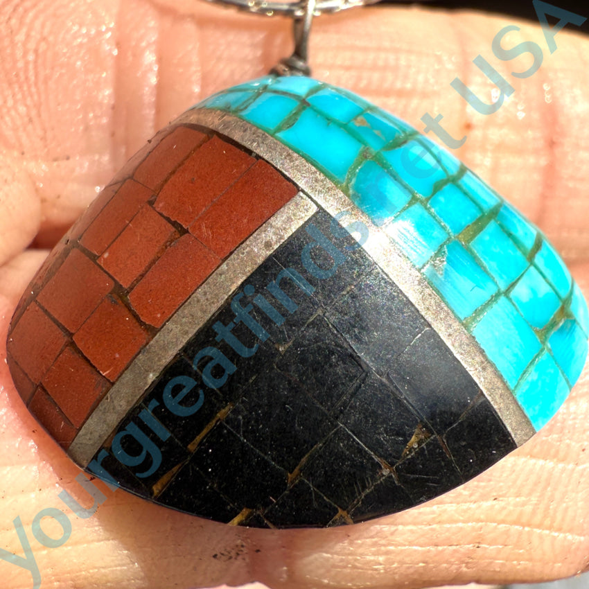 Vintage Native American Turquoise Mosaic Sterling Silver Necklace - Handcrafted Southwest Jewelry for Women, Perfect for Boho Fashion & Special Occasions
