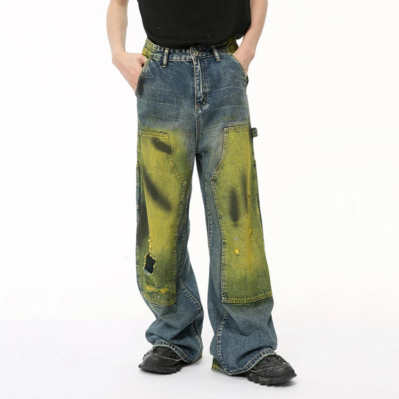 Vintage American Style Men's Jeans - Distressed Tie-Dye Ripped Denim Pants with Patchwork & Contrast Colors | Trendy Casual Menswear (Style 9C6512) | Perfect for Streetwear, Music Festivals & Everyday Fashion