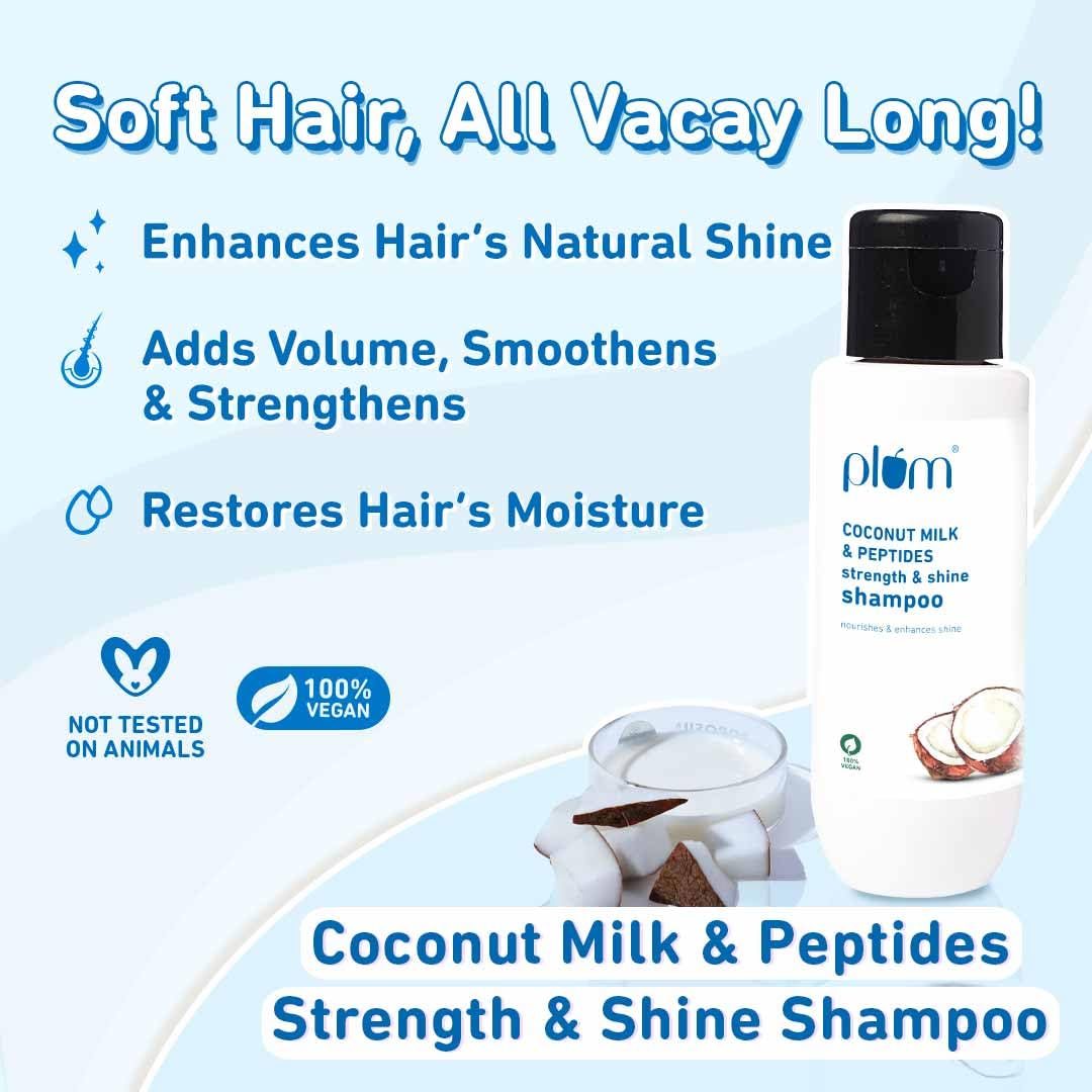 Plum Unisex Head to Toe Travel Kit with Hawaiian Rumba Shower Gel, Coconut Milk & Peptides Shampoo, Vanilla Caramello Body Lotion | Personal Care Set for Travel, Gym, Camping & Vacation Essentials