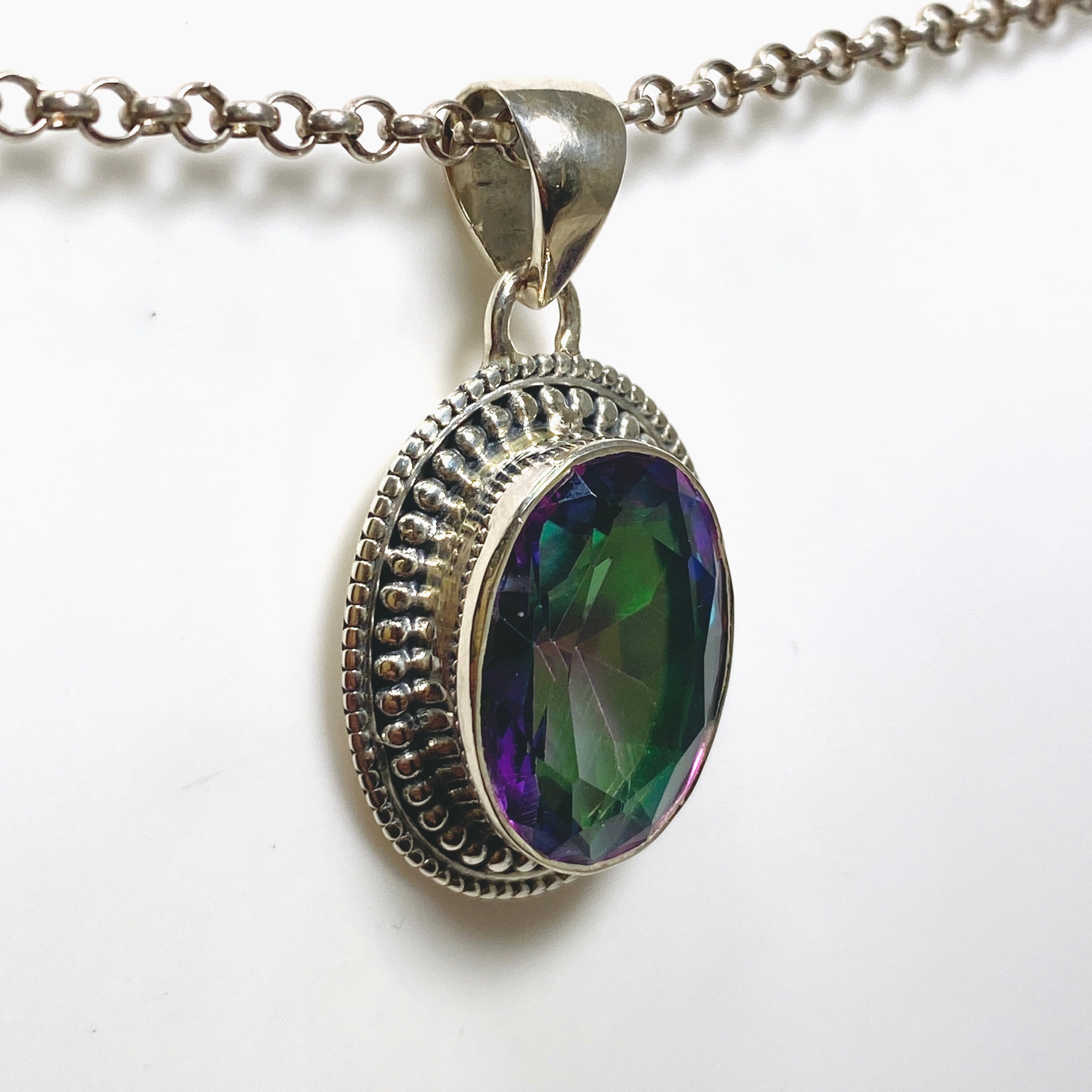 Natural Mystic Topaz Oval Faceted Boho Pendant Necklace - 925 Sterling Silver Jewelry - Perfect for Boho Chic Outfits & Special Occasions