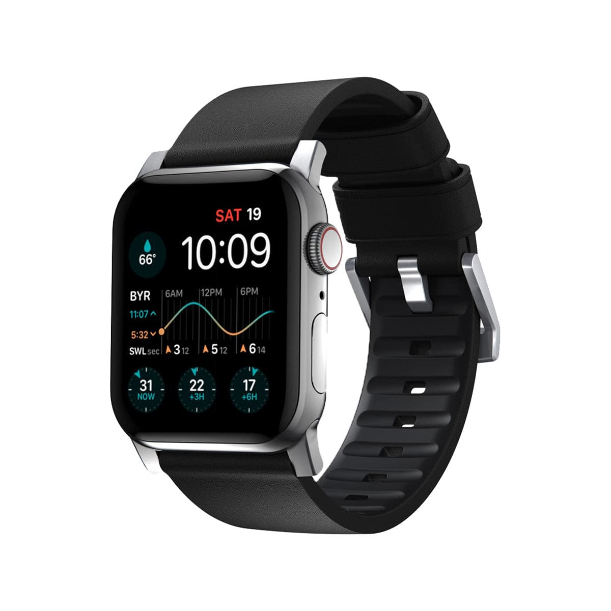 Nomad Active Band Pro 45mm/49mm Silver Hard Case with Black Leather Strap - Durable Smartwatch Band for Apple Watch Series 8/7/SE, Perfect for Workouts, Outdoor Adventures & Everyday Wear