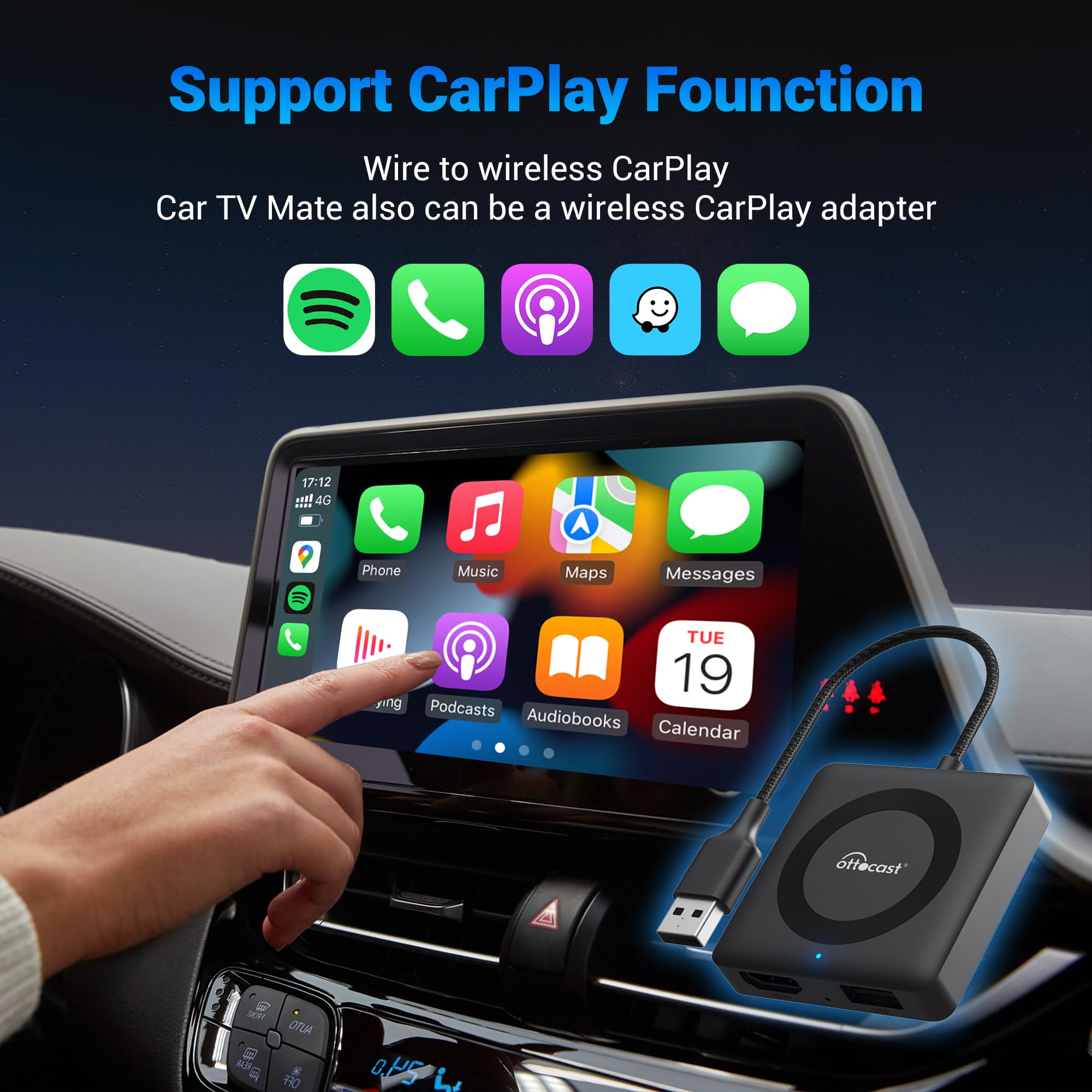 OTTOCAST Car TV Mate Pro Wireless CarPlay Adapter for Apple iPhone - Fire TV Stick Converter for Cars - Watch YouTube, Netflix, Prime Video on Car Screen - Plug & Play - Fast & Stable Streaming - Perfect for Road Trips & Commuting