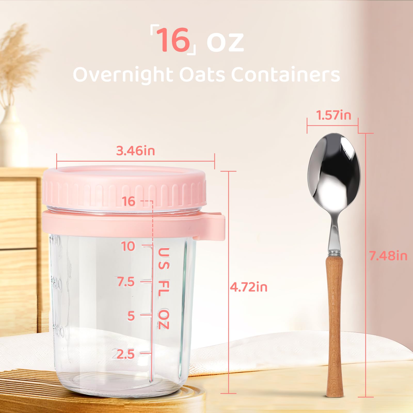 16oz - 2 Pack Airtight Overnight Oats Jars with Lids & Spoon, BPA-Free Meal Prep Containers with Measurement Marks, Wide Mouth Mason Jars for Oatmeal, Yogurt, Salad & Cereal Storage - Pink & White - Perfect for Breakfast, Office Lunch & Healthy Snacks
