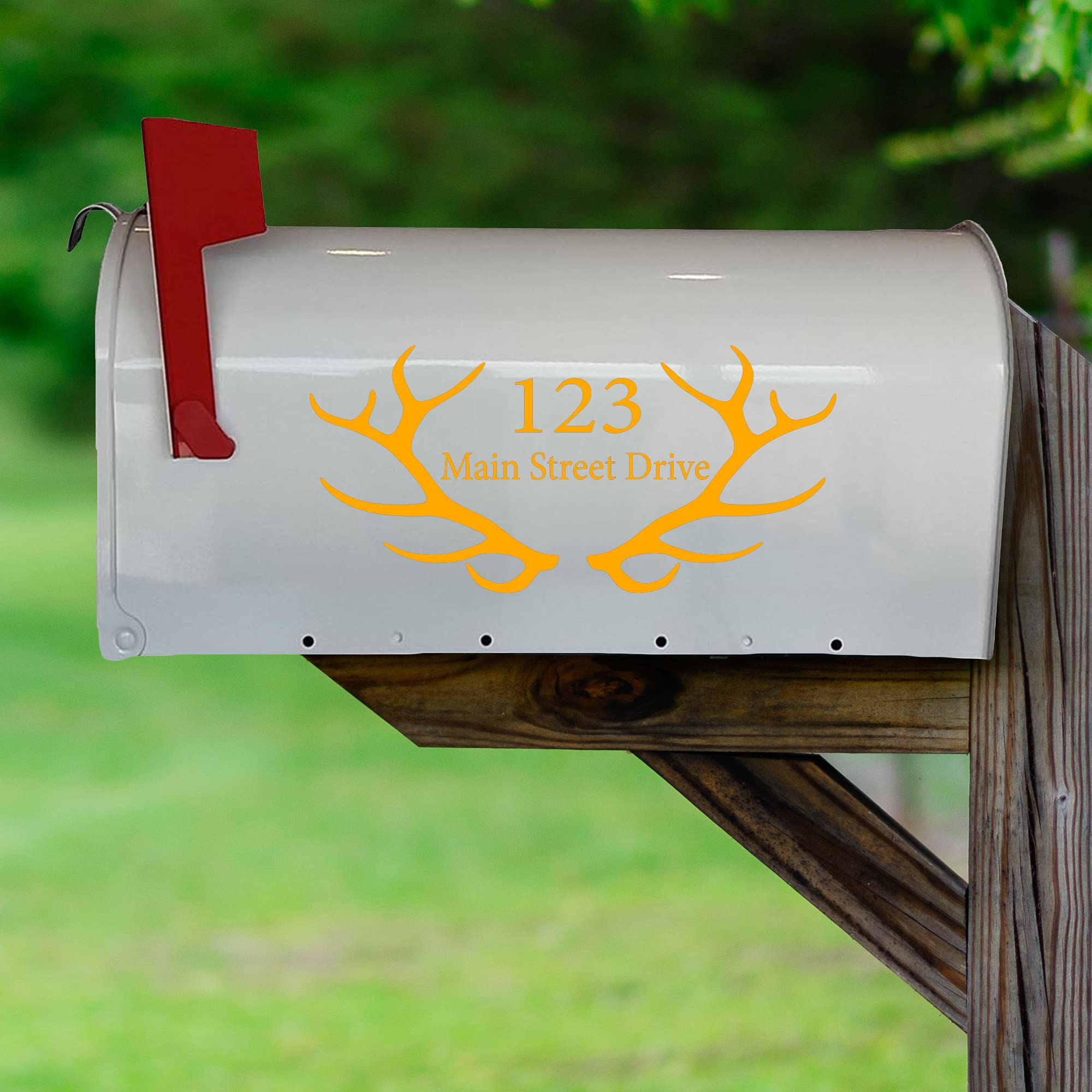 VWAQ Custom Home Address Vinyl Stickers - Set of 2 Antler Mailbox Decals (Orange, CMB27) for Mailbox & House Number Decor