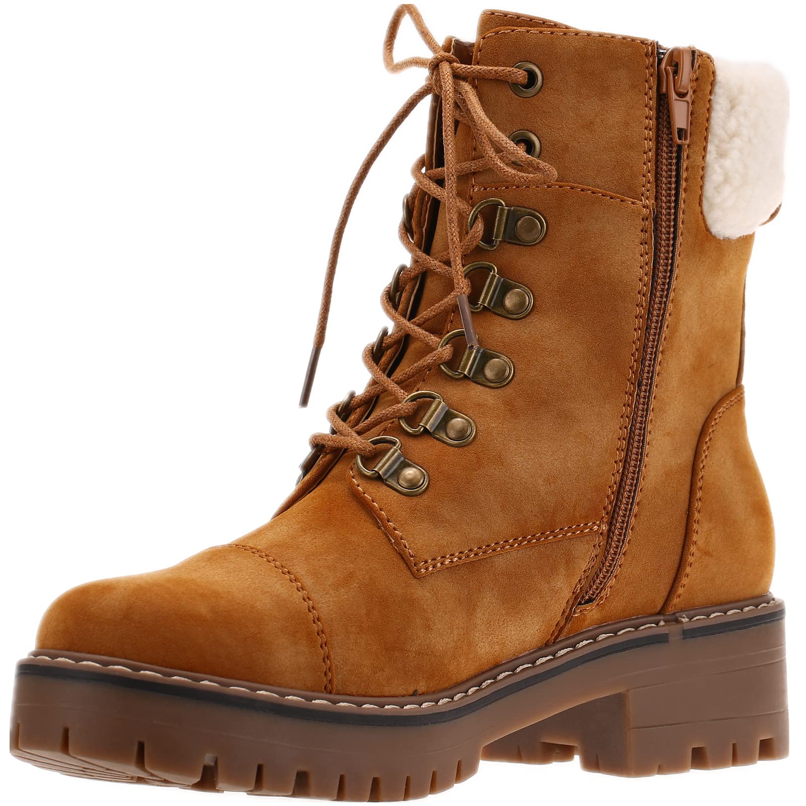 FOMOCE Women's Ankle Boots - Low Heel Lace Up Combat Work Boots for Winter, Outdoor Hiking & Snow | Round Toe Warm Chunky Booties with Side Zipper | Perfect for Work, Casual Wear & Outdoor Adventures