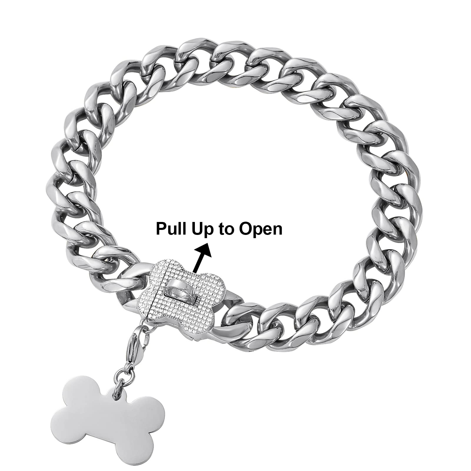 Silver Cuban Link Dog Collar for Medium & Large Breeds - Heavy Duty Chain Collar for Bulldogs, Pitbulls & Outdoor Walking - Perfect for Training, Daily Walks & Pet Fashion Accessories