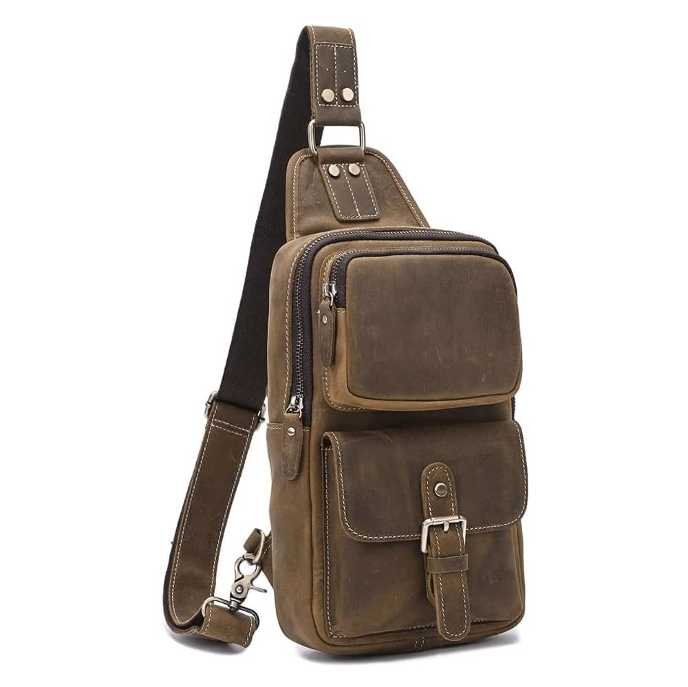Men's Leather Crossbody Chest Sling Bag - Outdoor Casual Travel Hiking Shoulder Strap Backpack (Brown, 31x16x9cm) | Perfect for Daily Commute, Gym & Adventure Trips