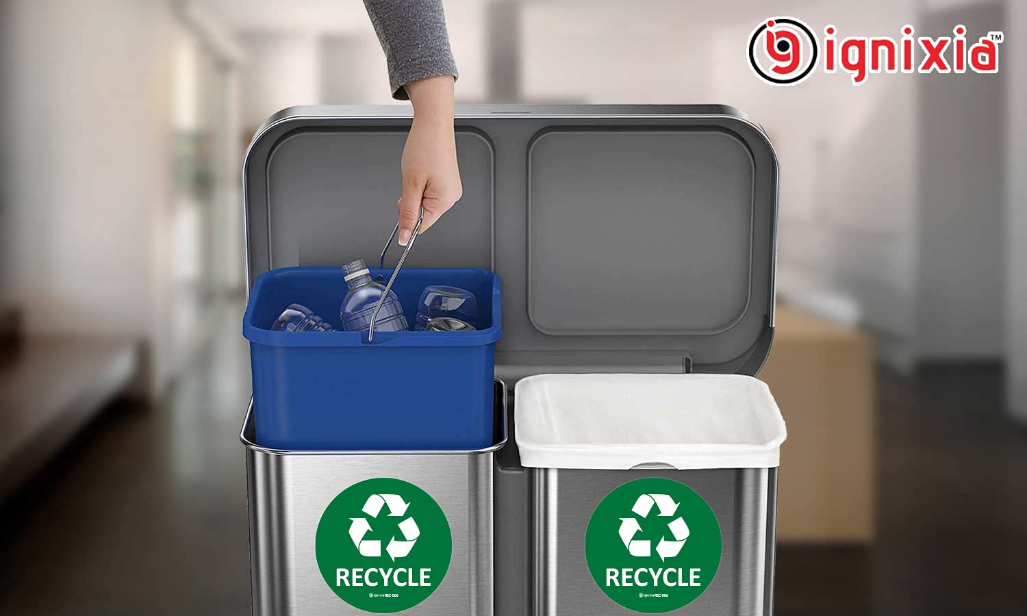 IGNIXIA 6x6 Inches Large Recycle Stickers for Trash Cans - Pack of 2 Waterproof UV Protected Recycling Labels for Indoor & Outdoor Bins (Green) - Perfect for Home, Office, School & Public Recycling Stations