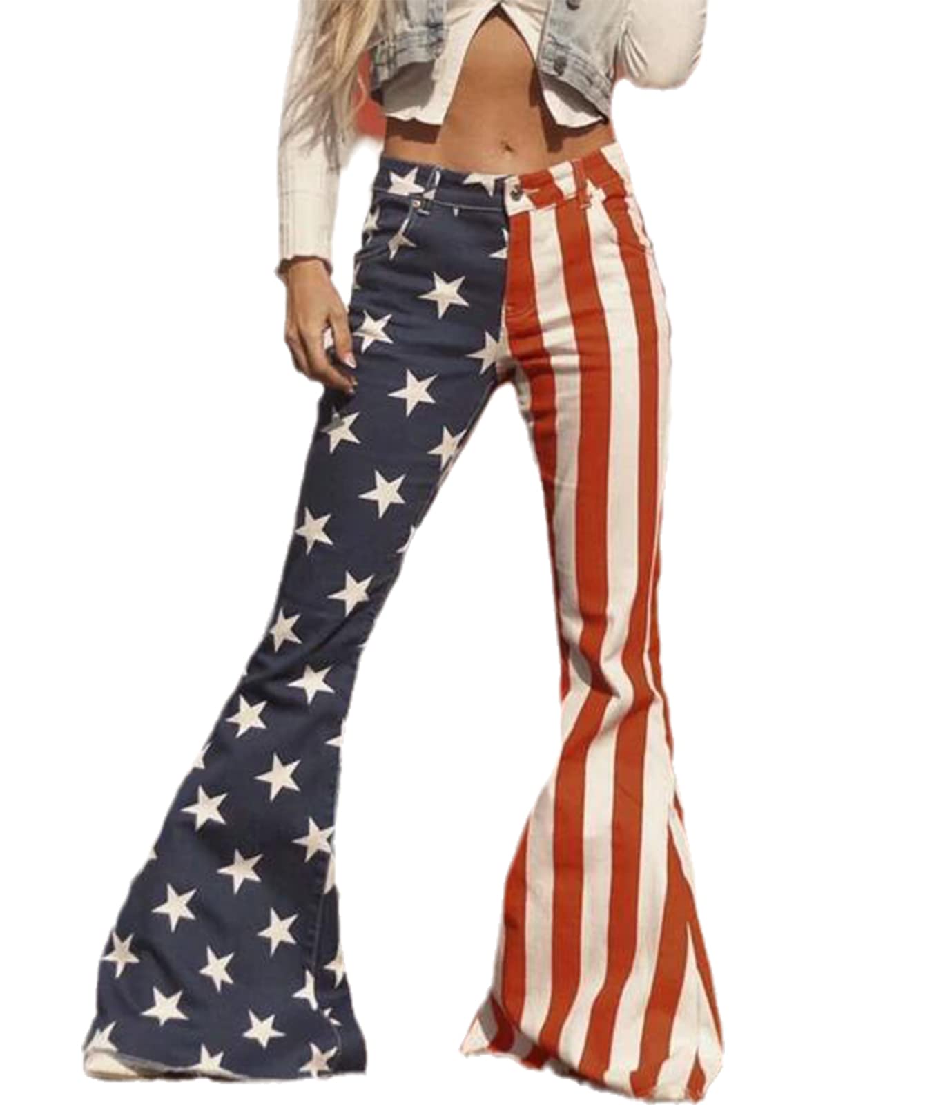 Vintage American Flag Bell Bottom Jeans for Women - Retro 70s Style High Waisted Flared Pants - Perfect for 4th of July, Concerts & Boho Fashion
