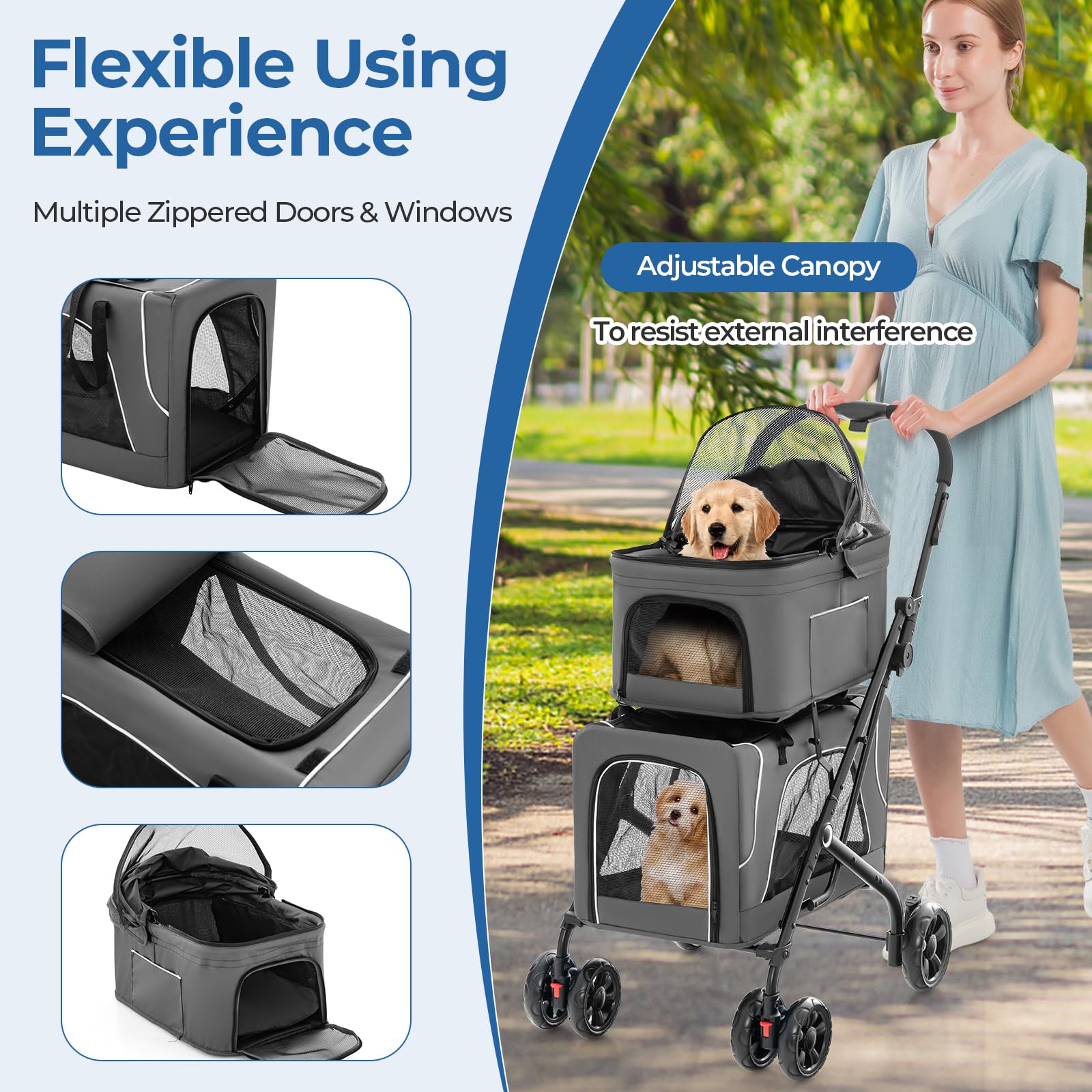 Giantex Double Dog Stroller for 2 Small Medium Dogs - Foldable Pet Stroller with Detachable Carriers, Safety Belt & 4 Lockable Wheels | Cat & Dog Travel Carrier for Outdoor Walks, Park Visits & Vet Trips (Gray)