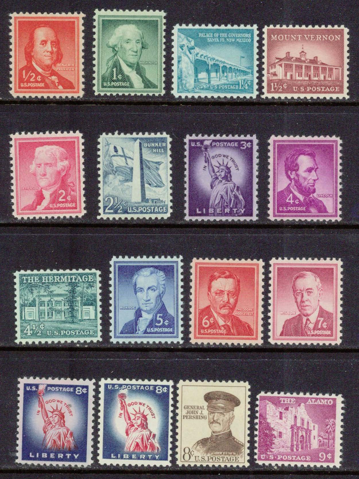 1954 Liberty Stamps Collection - Franklin, Washington, Jefferson - Perfect for Collectors & History Enthusiasts