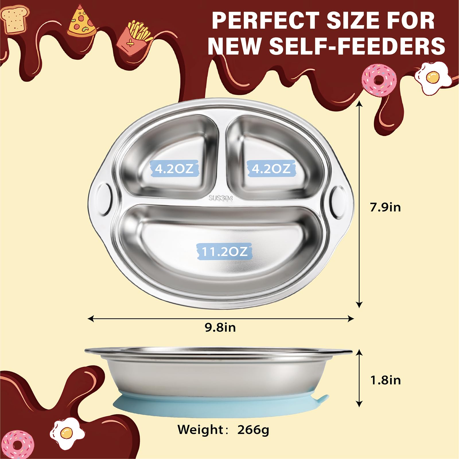 MR. CHOU Stainless Steel Baby Suction Plates - 3 Divided Toddler Plates for Baby Led Weaning | 100% Food Grade, BPA Free, Dishwasher Safe | Non-Slip Suction Base for High Chair & Travel | Perfect for Home, Daycare & On-the-Go Feeding (Blue)
