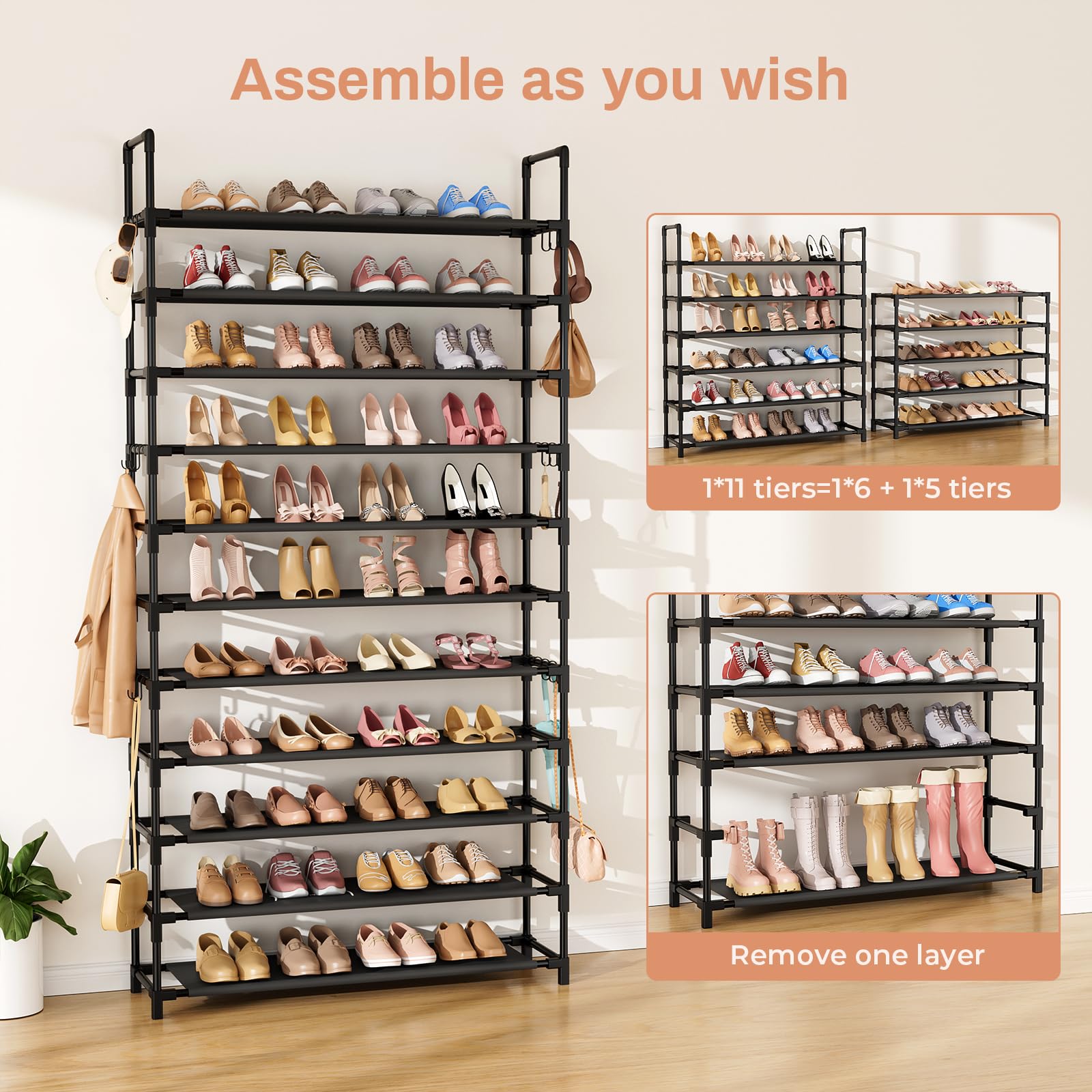 11-Tier Tall Shoe Rack Organizer - Holds 55 Pairs of Shoes with 18 Hooks - Sturdy Free Standing Metal Shoe Storage Shelf for Closet, Entryway, Bedroom - Space Saving Black Shoe Organizer for Home & Office Use