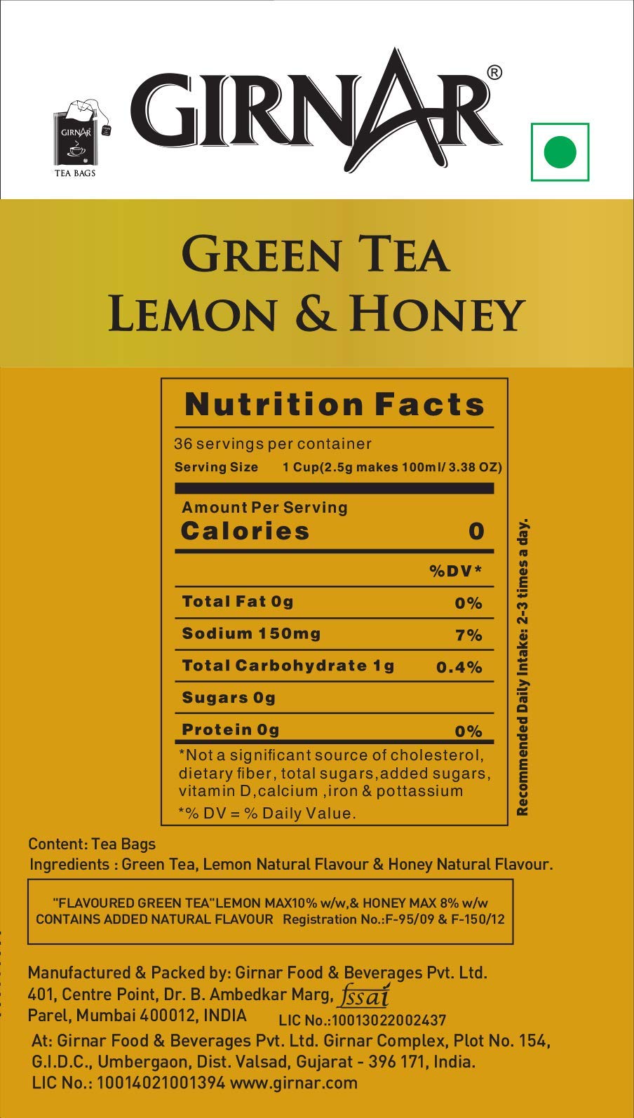 Girnar Green Tea Bags with Lemon & Honey - 36 Count | Natural Antioxidant Rich Tea | Perfect for Morning Boost, Afternoon Relaxation & Weight Management