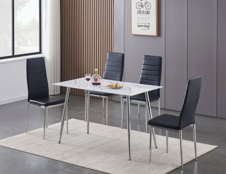 5-Piece White Marble Glass Dining Table Set with Black Horizontally Stitched Chairs - Modern Kitchen & Dining Room Furniture for Family Gatherings and Dinner Parties