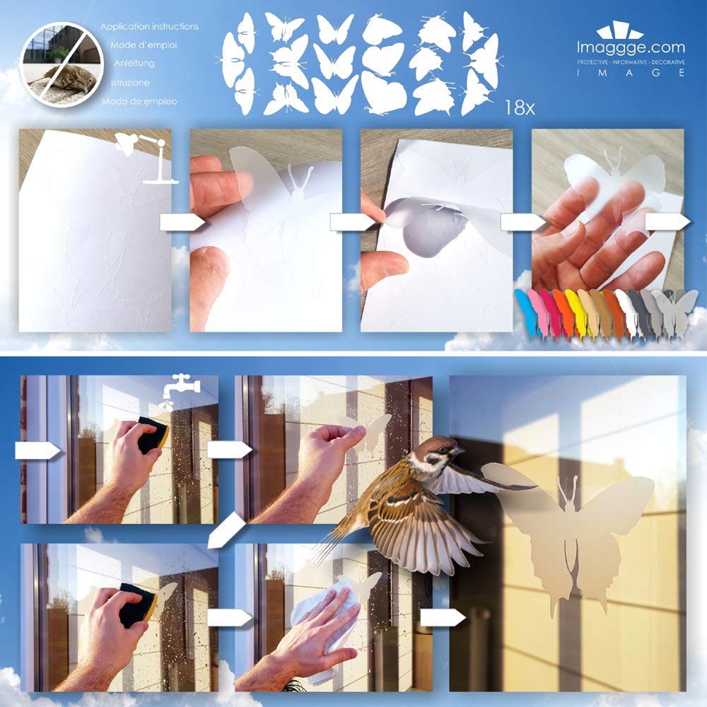 Window Protection Decals - 18 Anti-Collision Butterfly Stickers to Prevent Bird & People Strikes on Glass (Light Grey) - Perfect for Home, Office & School Windows