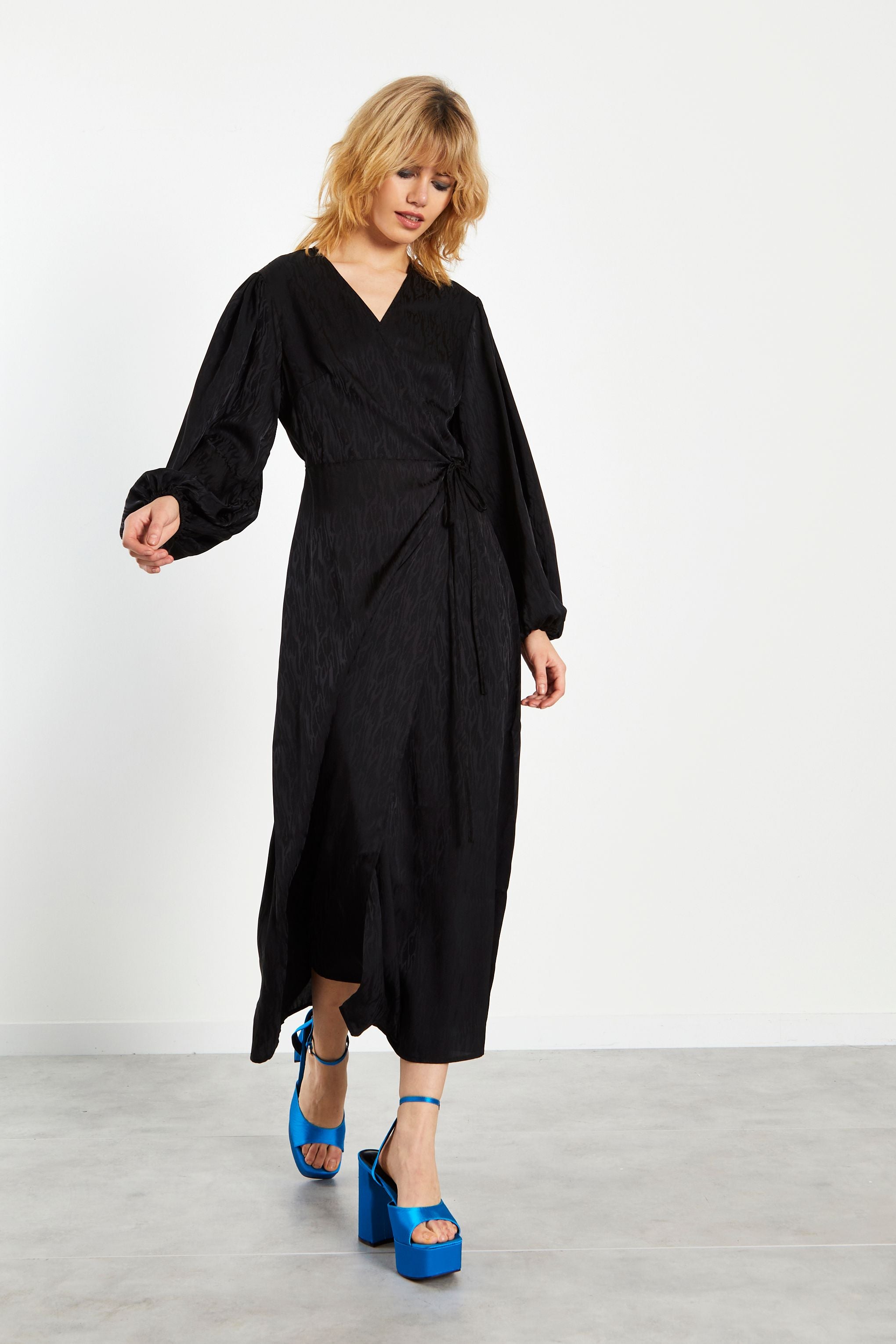Freya Wrap Dress for Women - Elegant Black Midi Dress with V-Neck & Belt | Perfect for Office, Date Night & Special Occasions