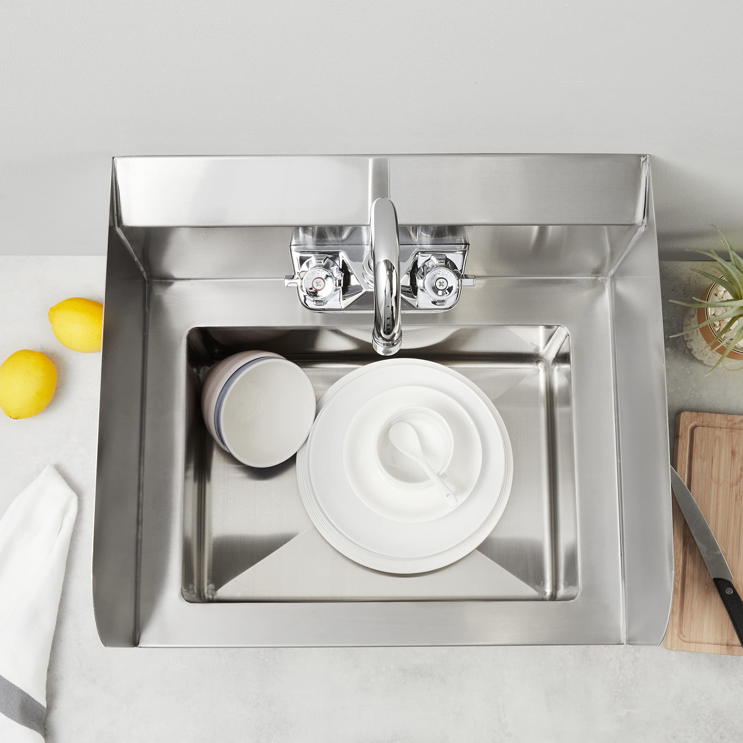 Premium 304 Stainless Steel Wall-Mounted Handmade Sink with Faucet & Side Splash - 17x15 Inch Commercial Restaurant Kitchen Sink for Home & Business Use - Durable Silver Basin for Washing, Food Prep & Hygiene Stations