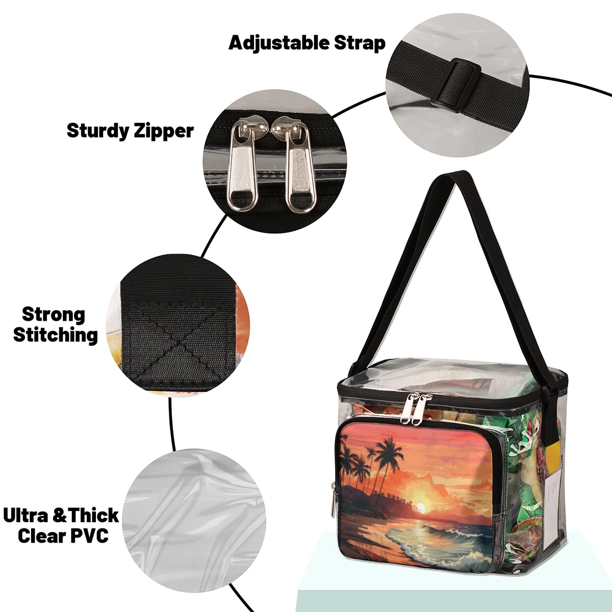GzLeyigou Clear Transparent Beach Tote Bag with Handles - Waterproof Coconut Palm Print Shoulder Bag for Women, Outdoor Travel, Picnic, Concerts & Sports Events - Stadium Approved Lunch Bag for Summer Vacation, Pool Party & Beach Day
