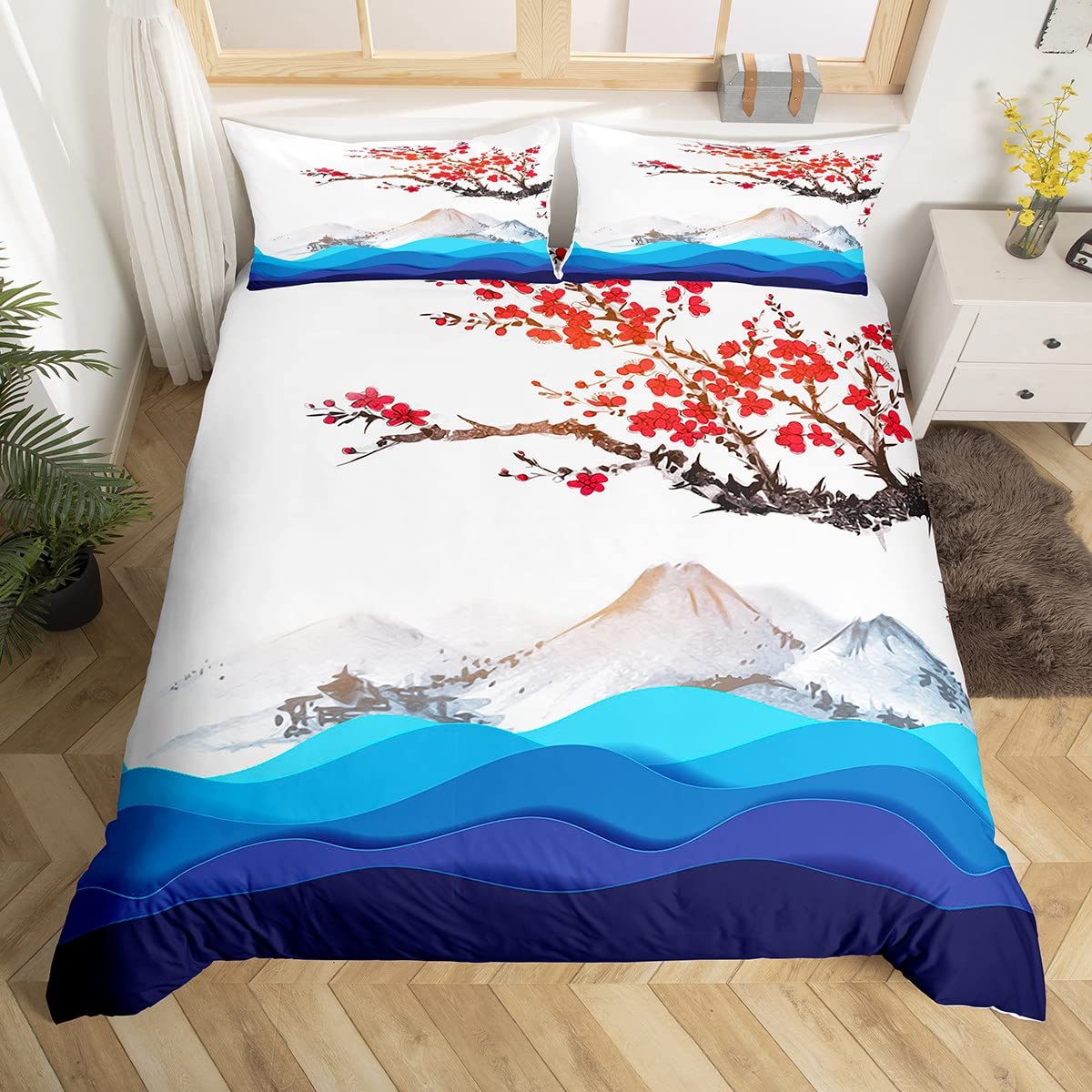 Erosebridal Ukiyoe Themed Duvet Cover Set - Cherry Blossom & Mt. Fuji Japanese Style Bedding for Twin Size | Japanese Sea Waves & Botanical Ink Painting Design | Perfect for Asian-Themed Bedroom Decor & Zen Home Styling