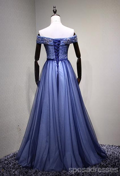 Elegant Off Shoulder Blue Tulle Beaded A-Line Long Evening Prom Dress for Women - Perfect for Formal Dances, Weddings & Special Occasions