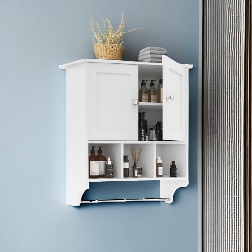 Space Saving Medicine Cabinet with 2 Doors & Adjustable Shelves - Wall Mounted Bathroom Storage Organizer for Toilet, Living Room, Kitchen - Includes Towel Rack (White) | Perfect for Small Bathrooms & Compact Spaces