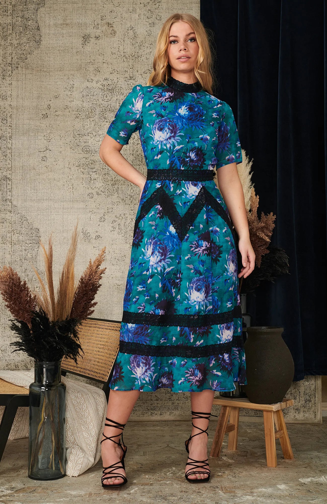 Elegant Keziah High Neck Midi Dress for Women - Flowy Long Sleeve Party & Evening Gown - Perfect for Weddings, Cocktail Parties & Formal Events